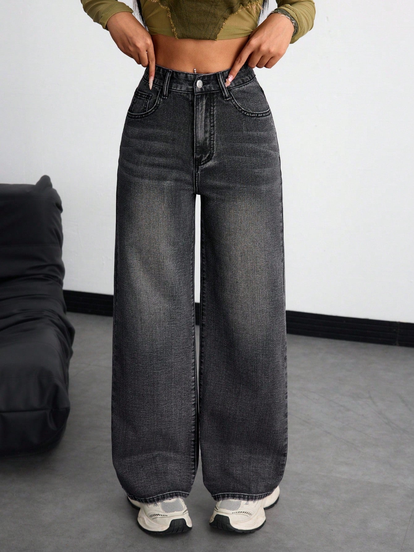 SHEIN x Lina SHEIN ICON Jeans droits taille mi-haute lavés décontractés de style rétro