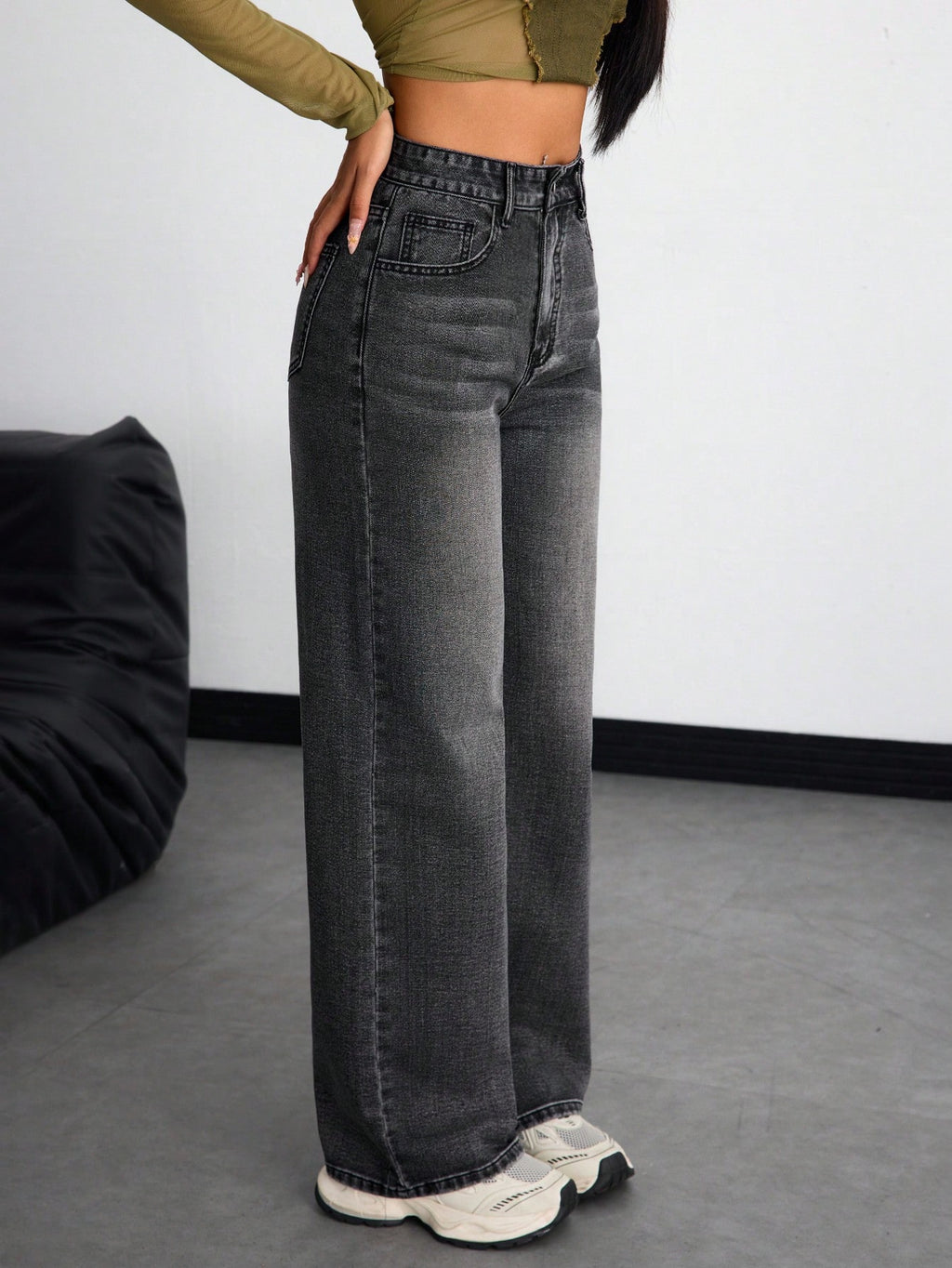 SHEIN x Lina SHEIN ICON Jeans droits taille mi-haute lavés décontractés de style rétro