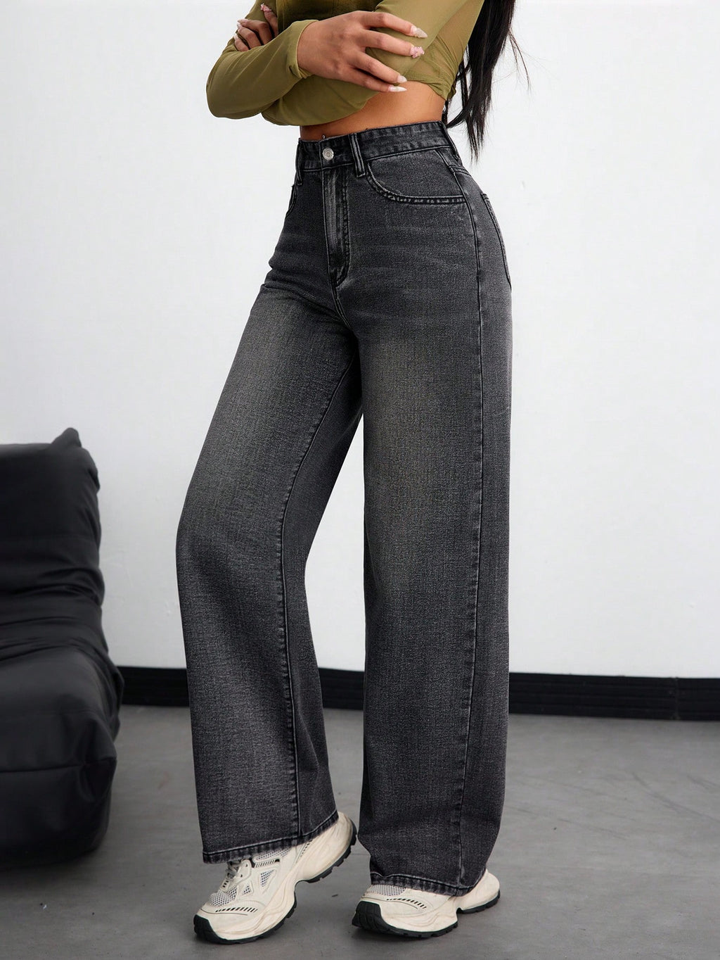 SHEIN x Lina SHEIN ICON Jeans droits taille mi-haute lavés décontractés de style rétro