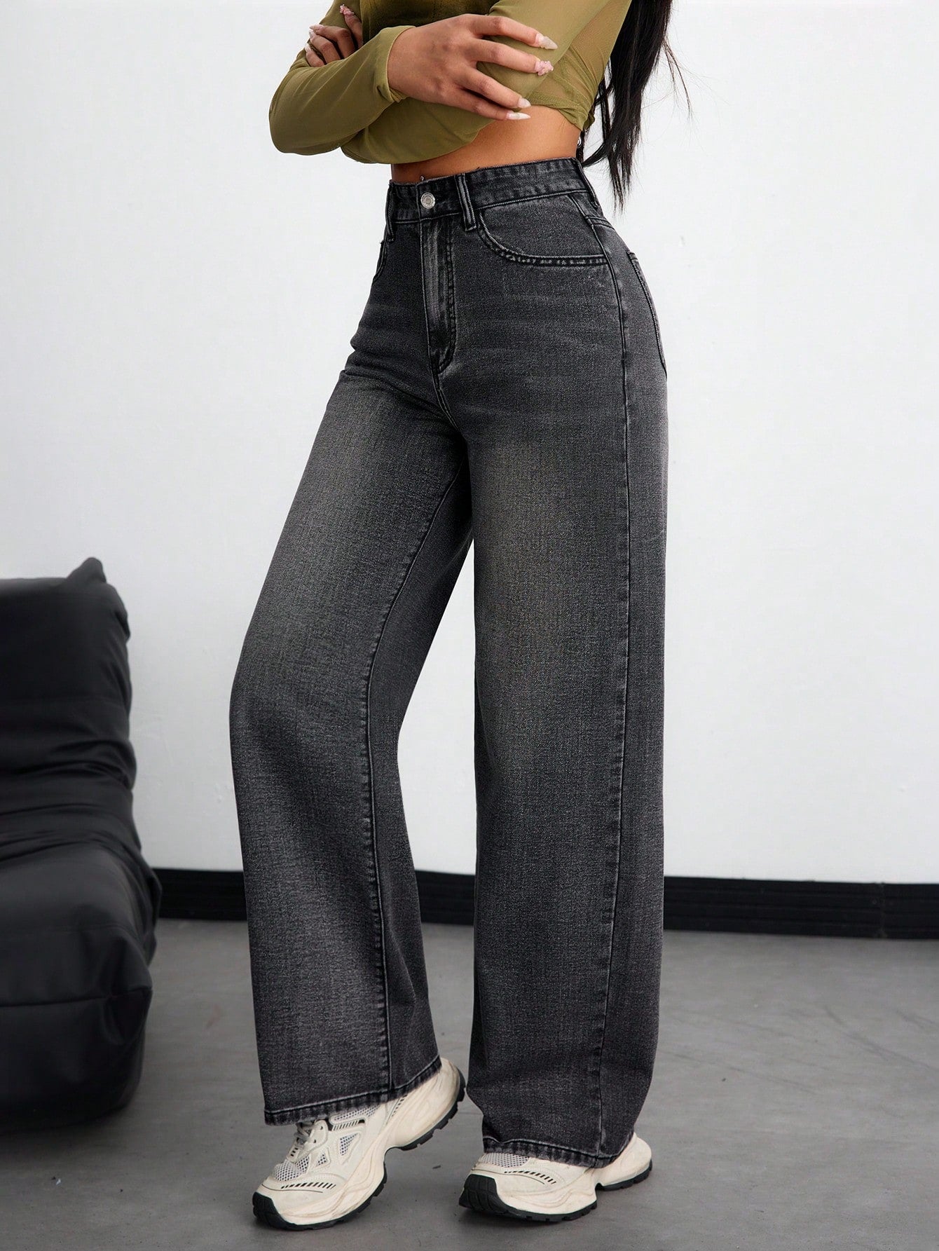 SHEIN x Lina SHEIN ICON Jeans droits taille mi-haute lavés décontractés de style rétro
