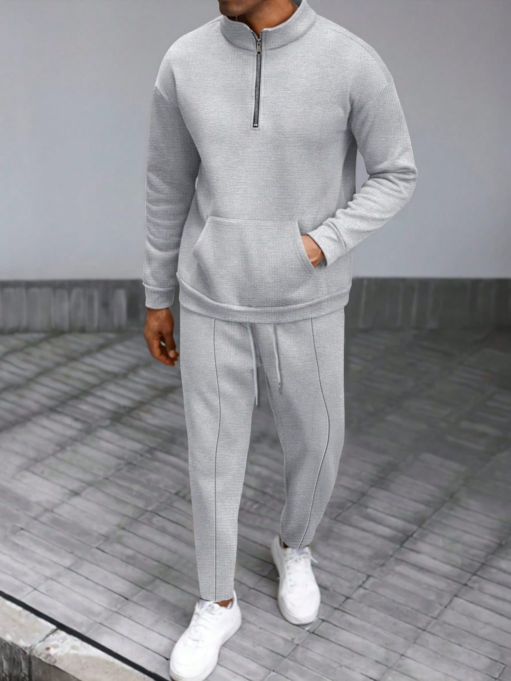 1 set Homme simple de survêtement 2 pièces, Top à col montant zippé manches longues + pantalon, de couleur unie, léger