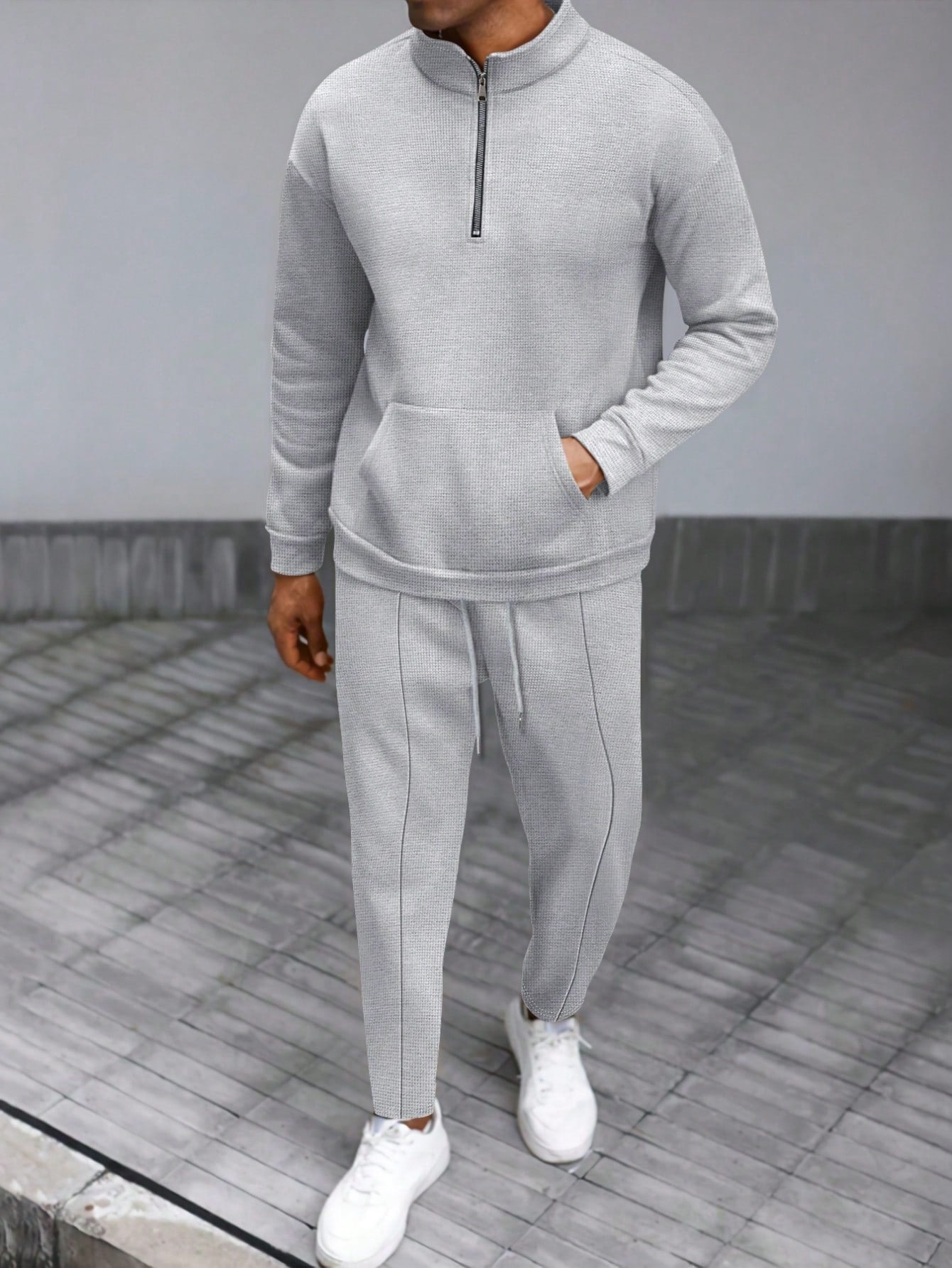 1 set Homme simple de survêtement 2 pièces, Top à col montant zippé manches longues + pantalon, de couleur unie, léger