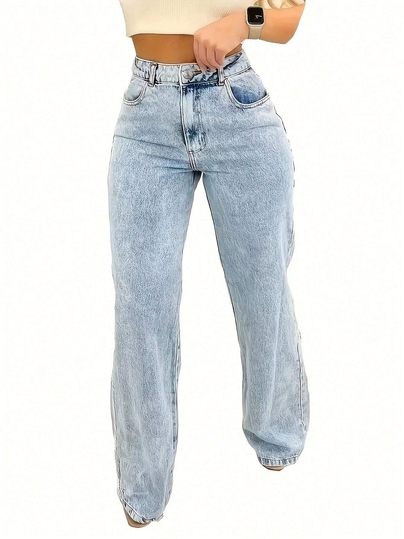 2025 Nouveau Jeans vintage décontracté à jambe droite ultra skinny taille haute bleu délavé pour femmes