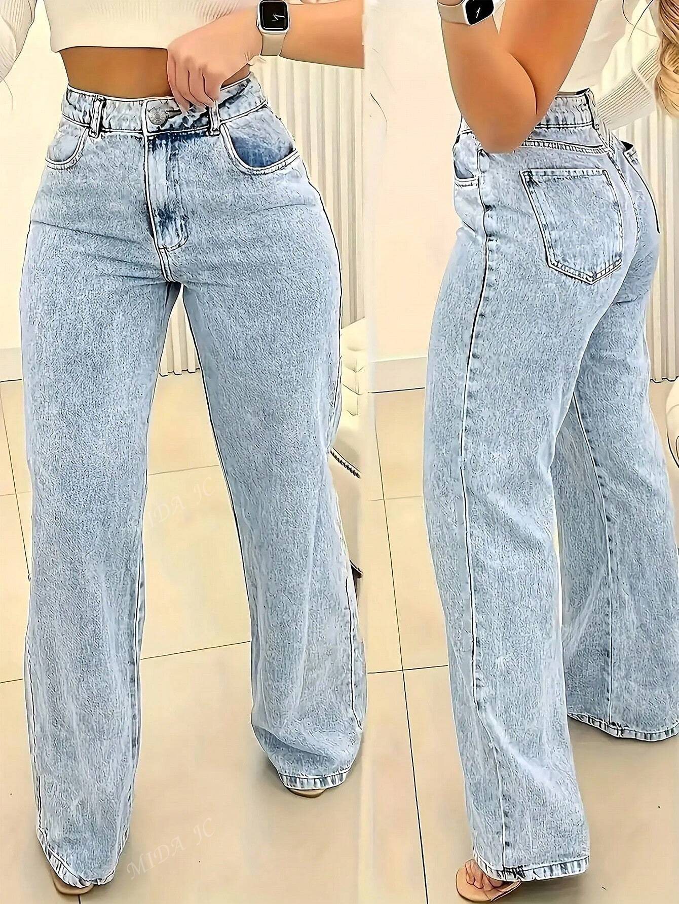 2025 Nouveau Jeans vintage décontracté à jambe droite ultra skinny taille haute bleu délavé pour femmes