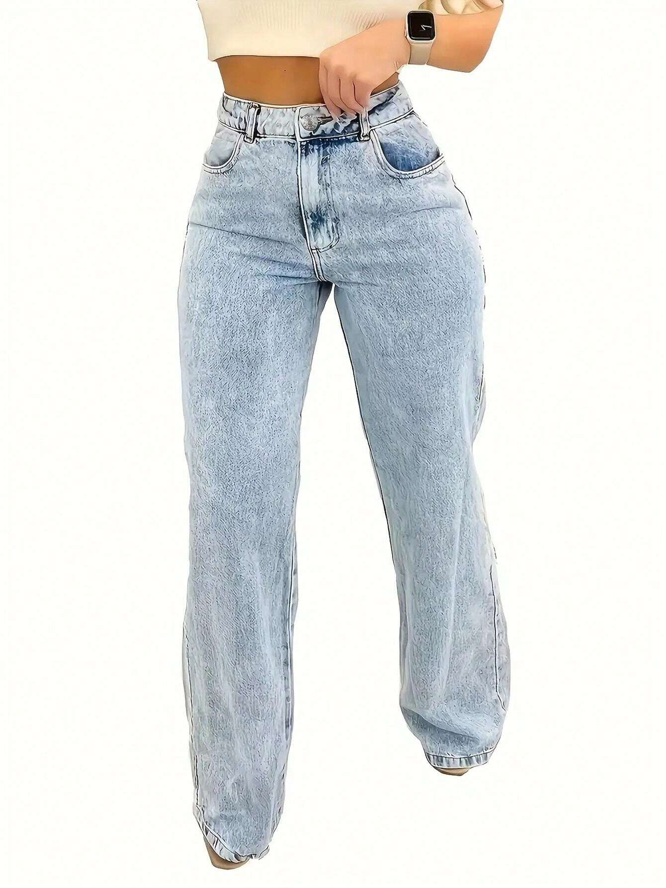 2025 Nouveau Jeans vintage décontracté à jambe droite ultra skinny taille haute bleu délavé pour femmes