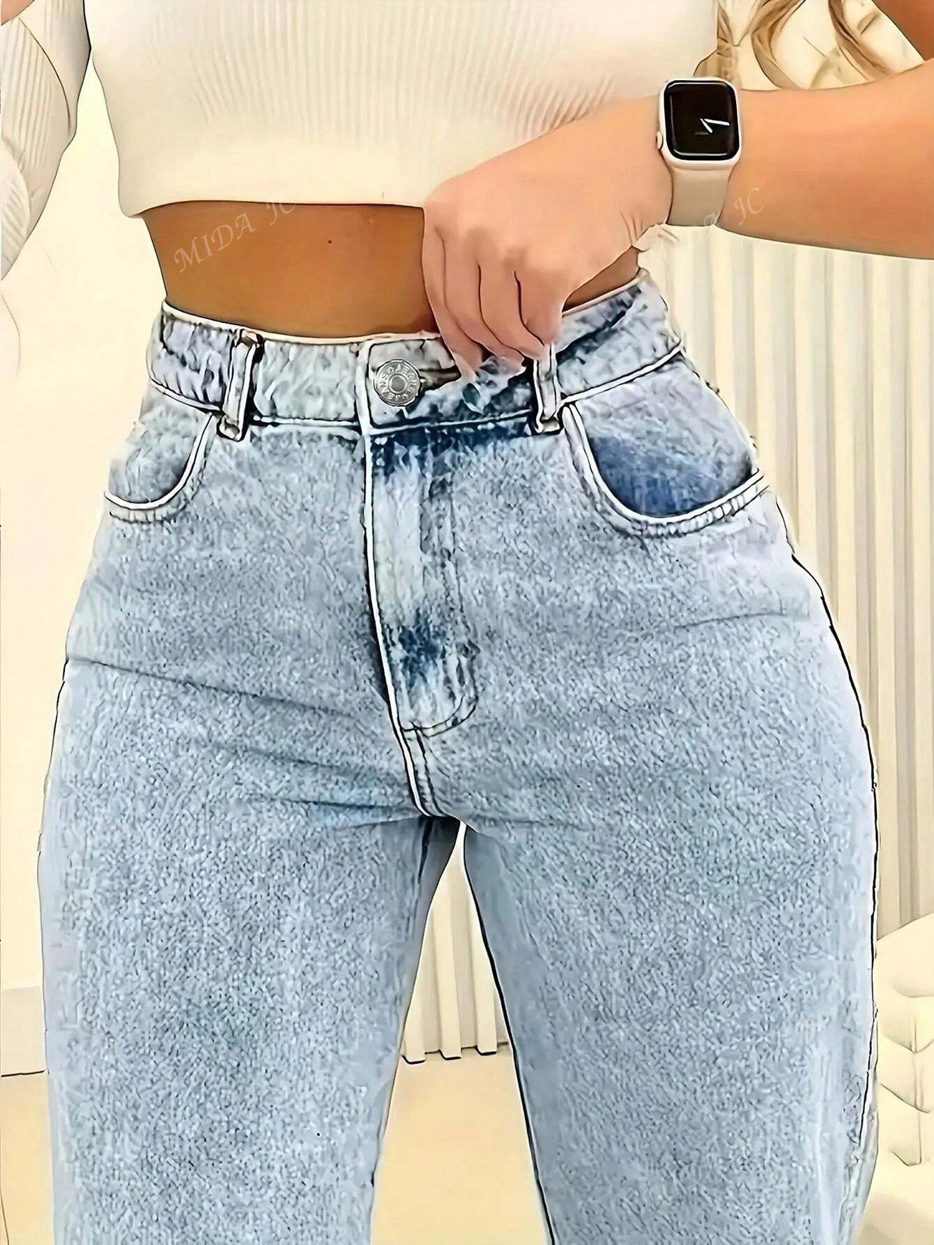 2025 Nouveau Jeans vintage décontracté à jambe droite ultra skinny taille haute bleu délavé pour femmes