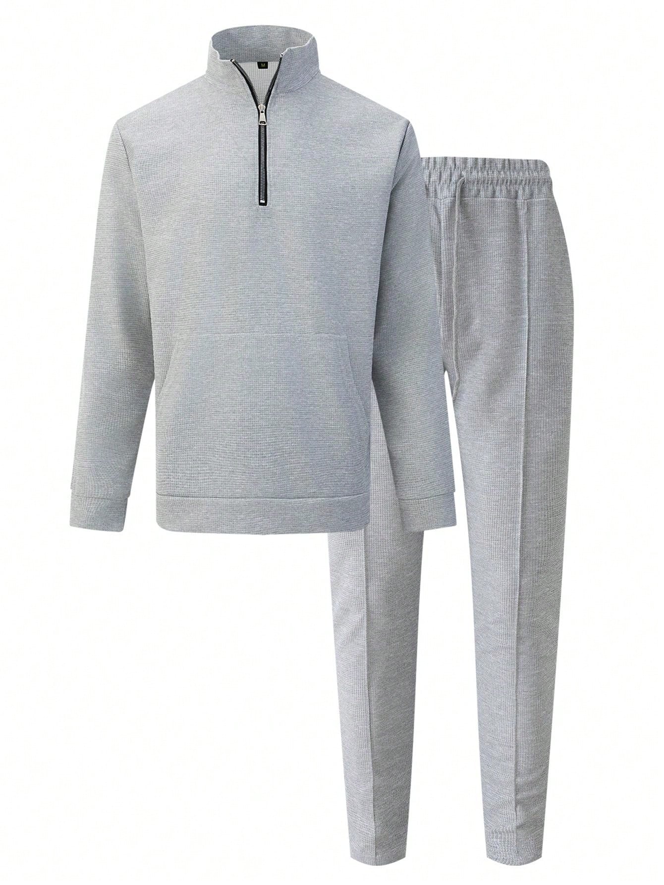 1 set Homme simple de survêtement 2 pièces, Top à col montant zippé manches longues + pantalon, de couleur unie, léger