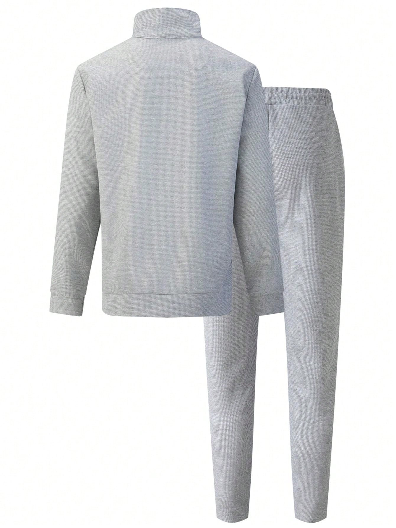 1 set Homme simple de survêtement 2 pièces, Top à col montant zippé manches longues + pantalon, de couleur unie, léger