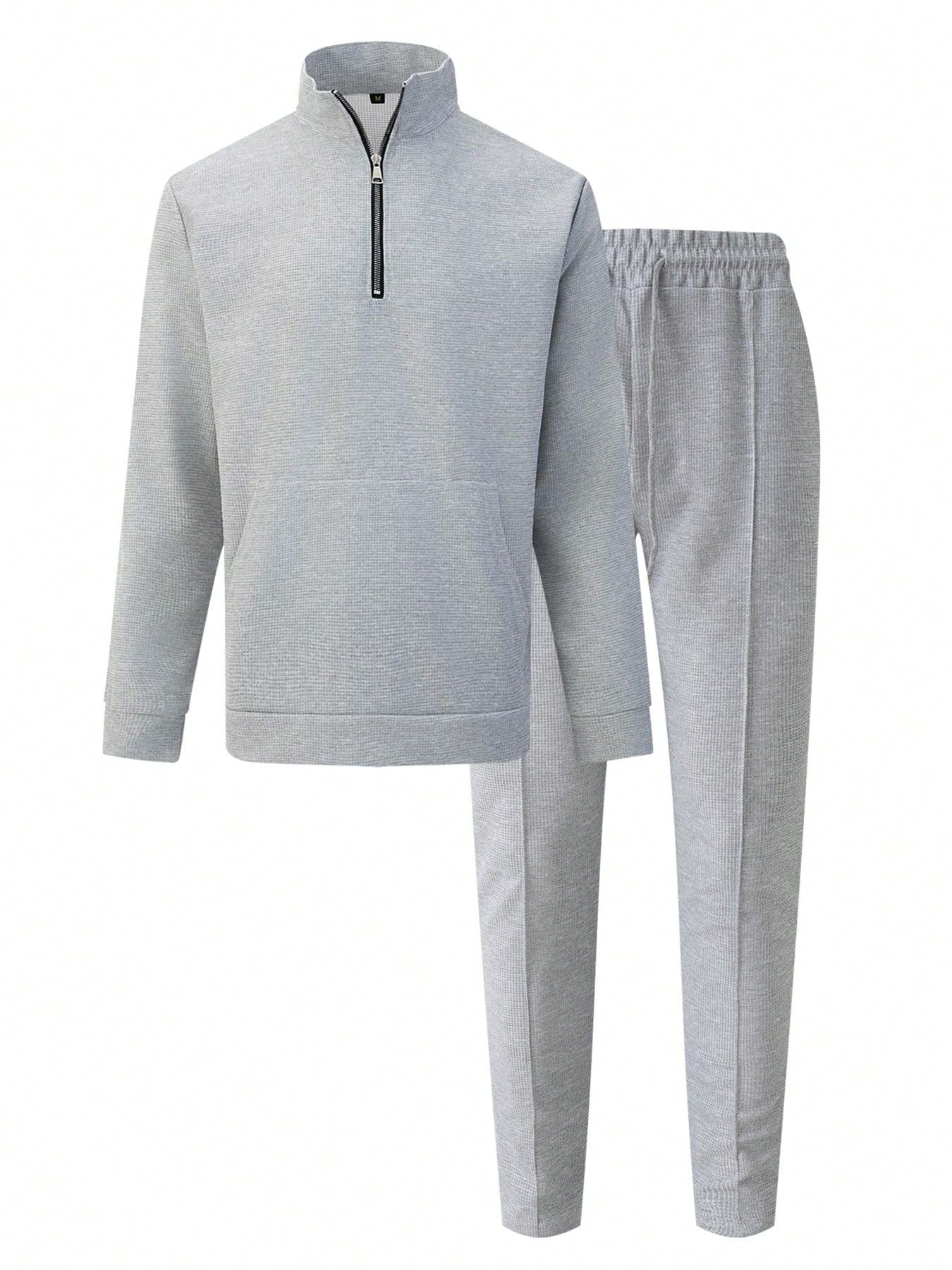 1 set Homme simple de survêtement 2 pièces, Top à col montant zippé manches longues + pantalon, de couleur unie, léger