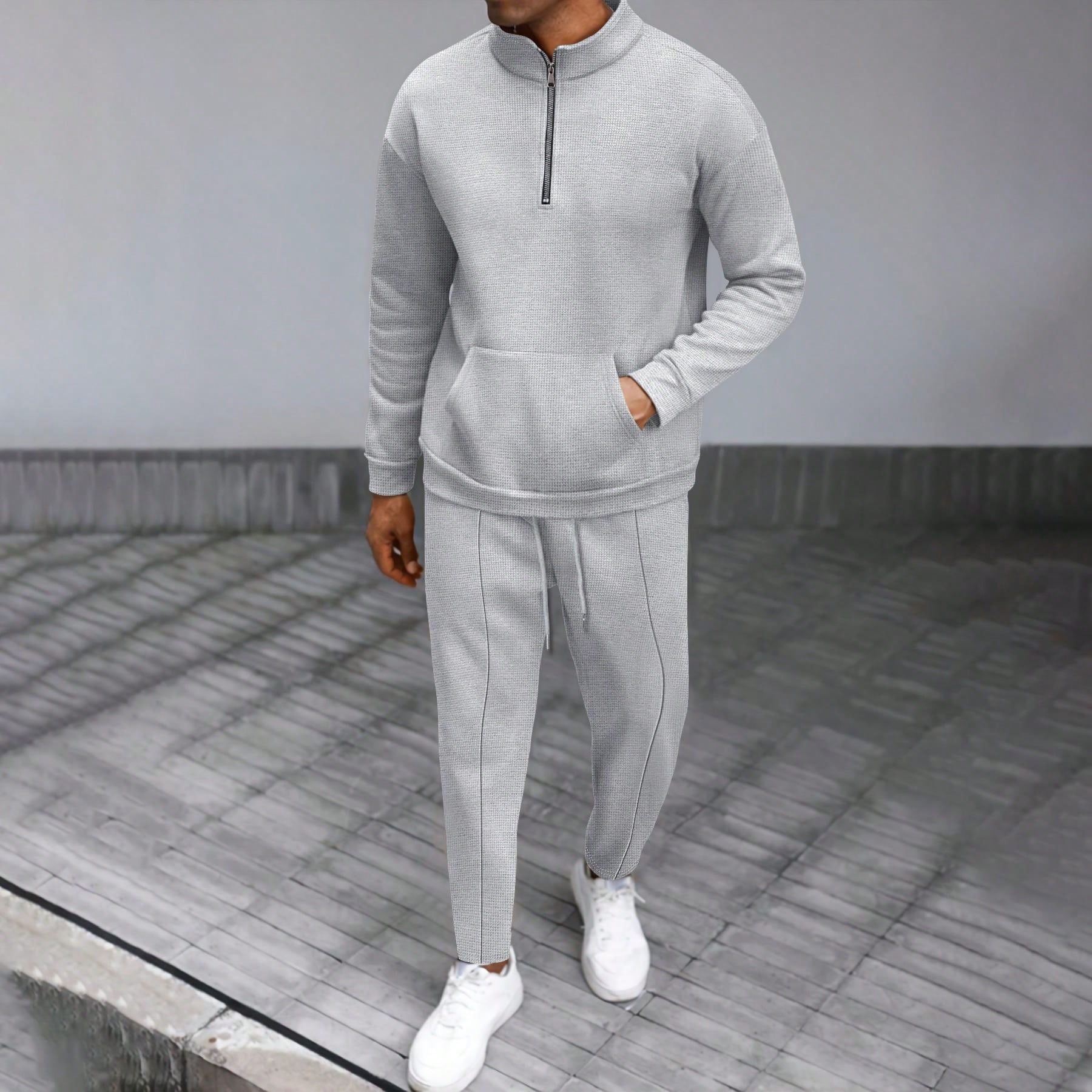 1 set Homme simple de survêtement 2 pièces, Top à col montant zippé manches longues + pantalon, de couleur unie, léger