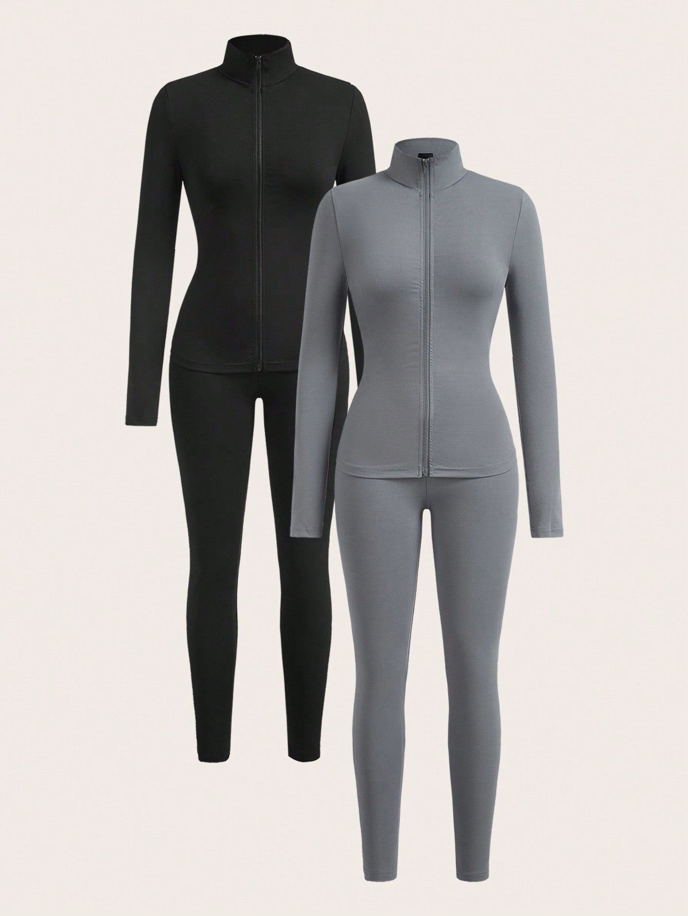 SHEIN EZwear 4 pièces Ensemble de tenue de sport pour femmes, veste zippée couleur unie minimaliste et leggings près du corps