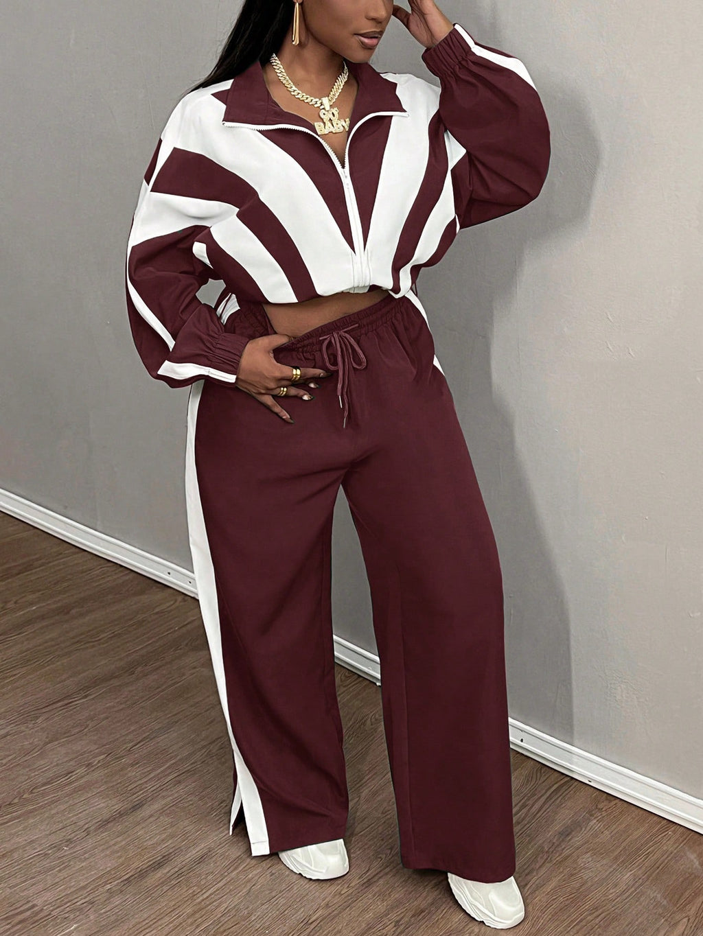 Slaydiva 2 pièces Ensemble grande taille : Veste à capuche décontractée et pantalon de sport, couleur rouge et blanche, convient pour l'automne/l'hiver