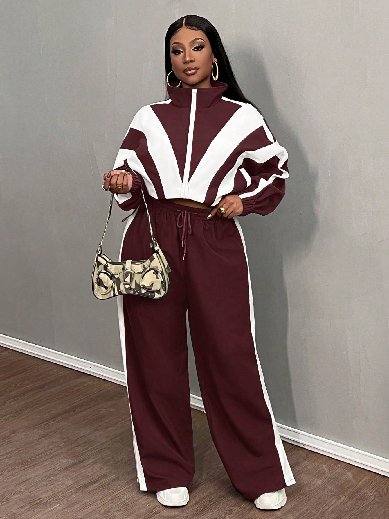 Slaydiva 2 pièces Ensemble grande taille : Veste à capuche décontractée et pantalon de sport, couleur rouge et blanche, convient pour l'automne/l'hiver