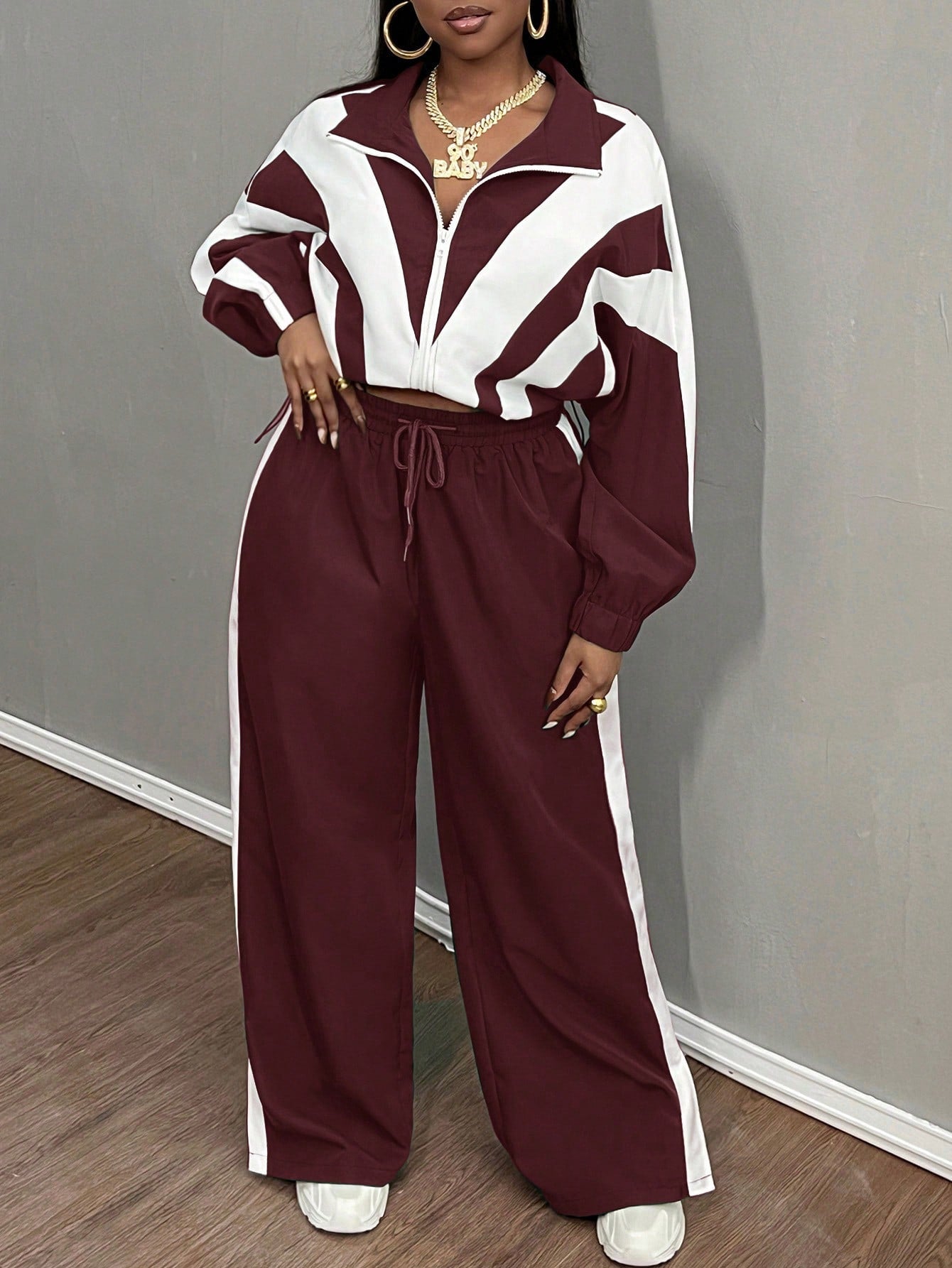 Slaydiva 2 pièces Ensemble grande taille : Veste à capuche décontractée et pantalon de sport, couleur rouge et blanche, convient pour l'automne/l'hiver