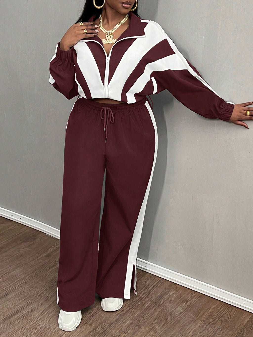 Slaydiva 2 pièces Ensemble grande taille : Veste à capuche décontractée et pantalon de sport, couleur rouge et blanche, convient pour l'automne/l'hiver