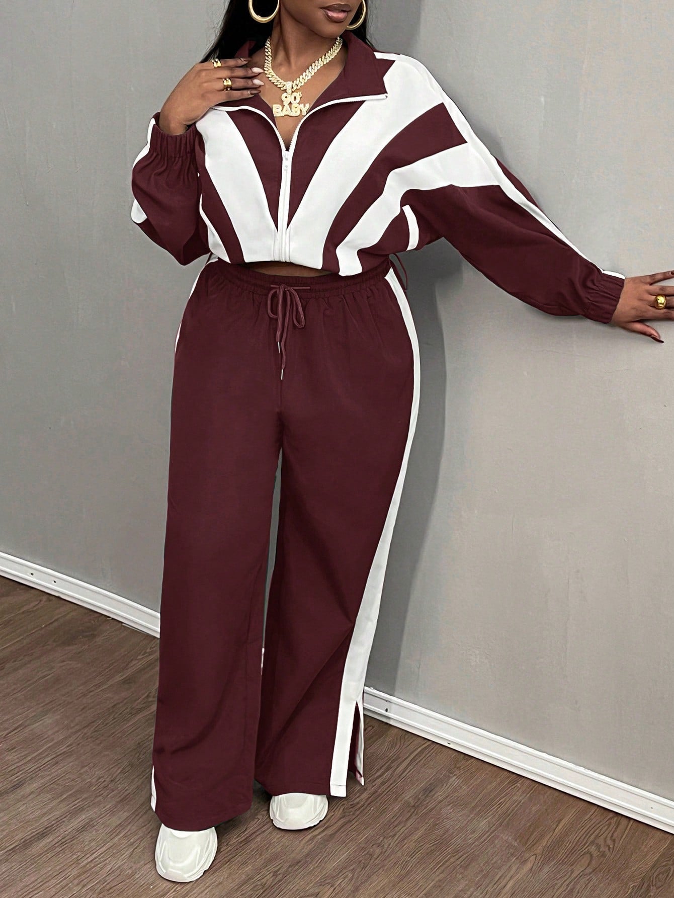 Slaydiva 2 pièces Ensemble grande taille : Veste à capuche décontractée et pantalon de sport, couleur rouge et blanche, convient pour l'automne/l'hiver