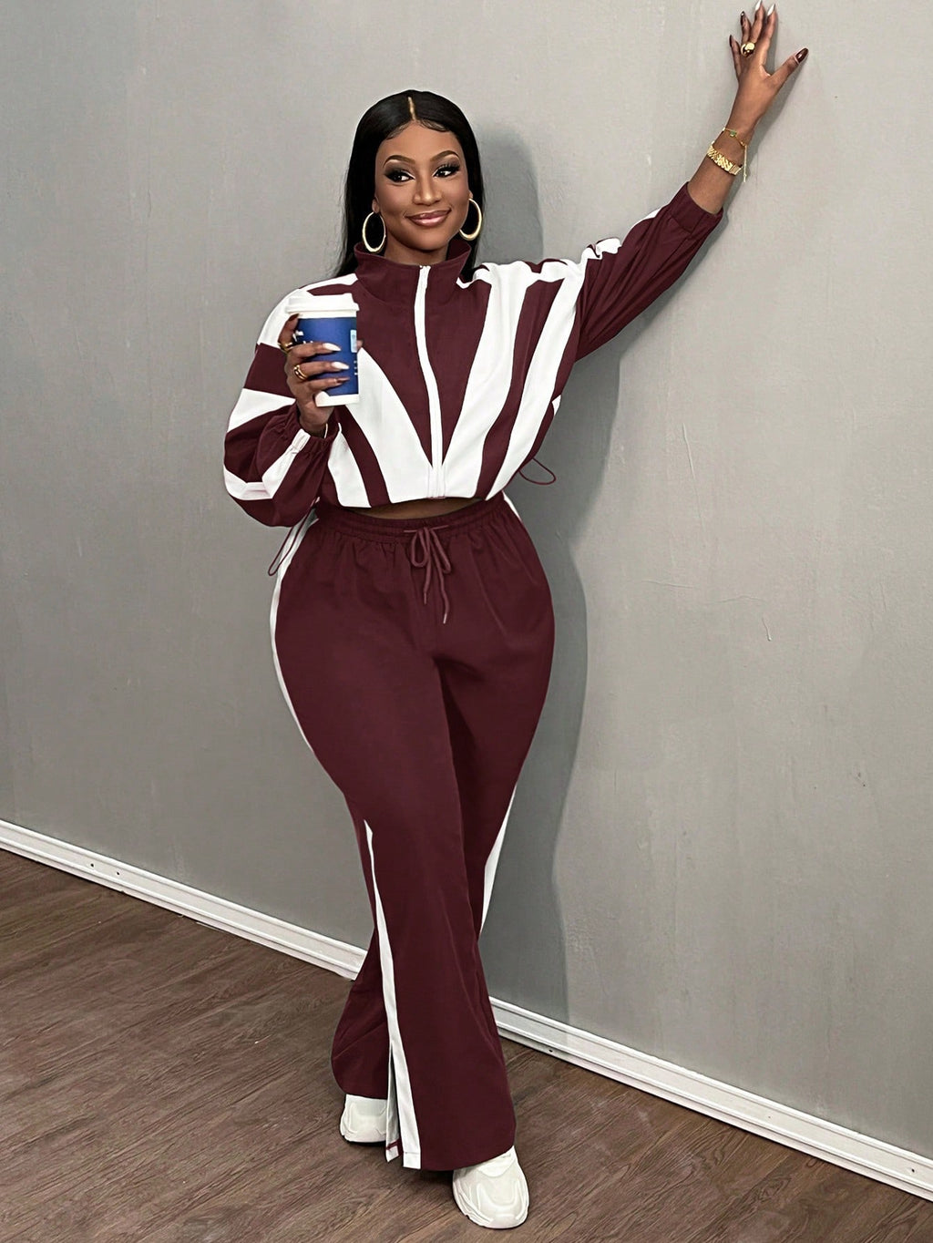 Slaydiva 2 pièces Ensemble grande taille : Veste à capuche décontractée et pantalon de sport, couleur rouge et blanche, convient pour l'automne/l'hiver