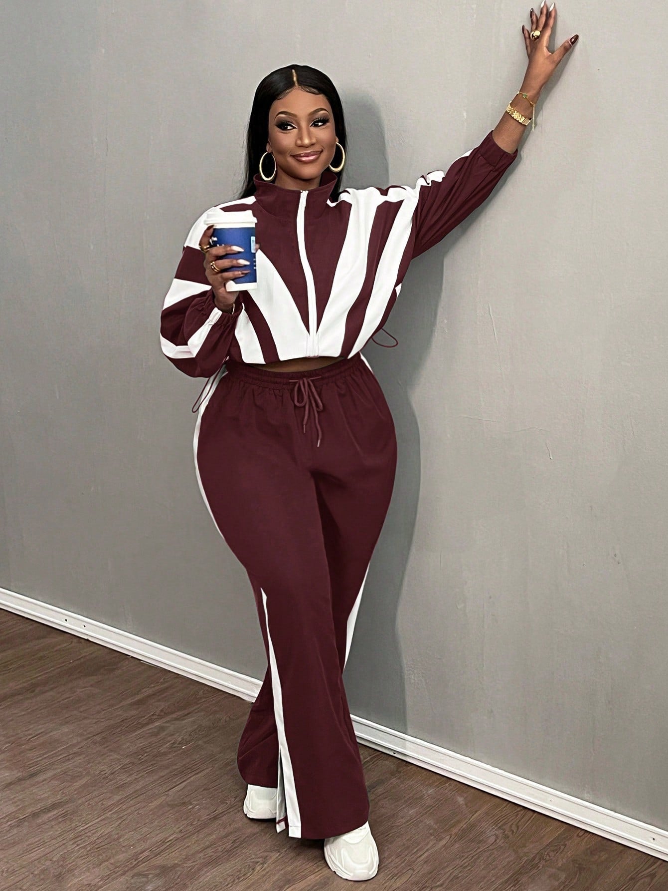 Slaydiva 2 pièces Ensemble grande taille : Veste à capuche décontractée et pantalon de sport, couleur rouge et blanche, convient pour l'automne/l'hiver