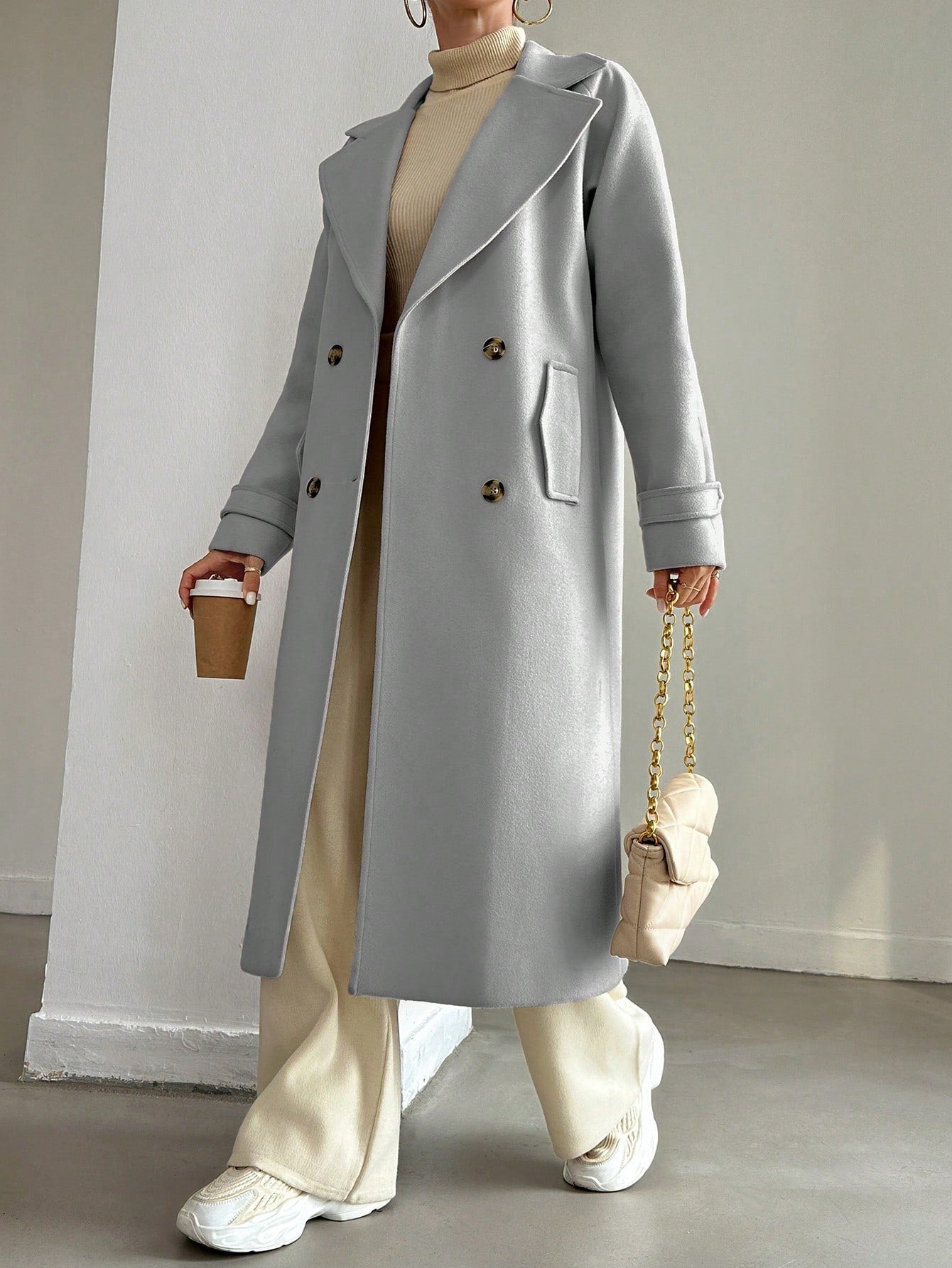 SHEIN Manteau En Laine Double Boutonnage Pour Femmes Couleur Unie Avec Col De Costume