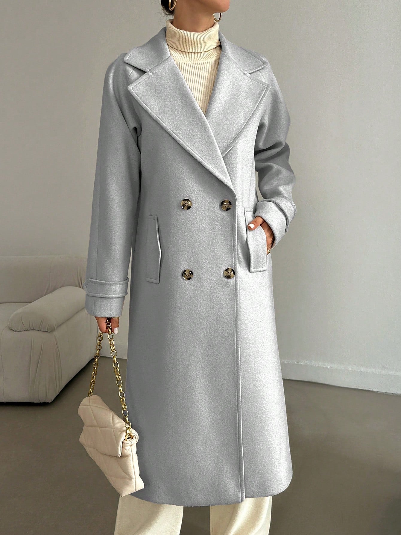 SHEIN Manteau En Laine Double Boutonnage Pour Femmes Couleur Unie Avec Col De Costume