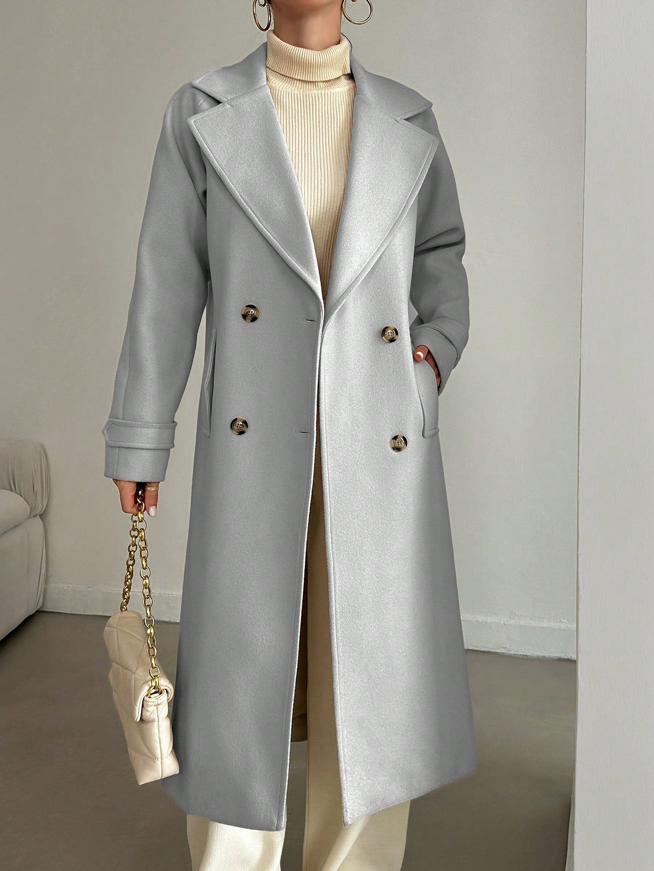 SHEIN Manteau En Laine Double Boutonnage Pour Femmes Couleur Unie Avec Col De Costume
