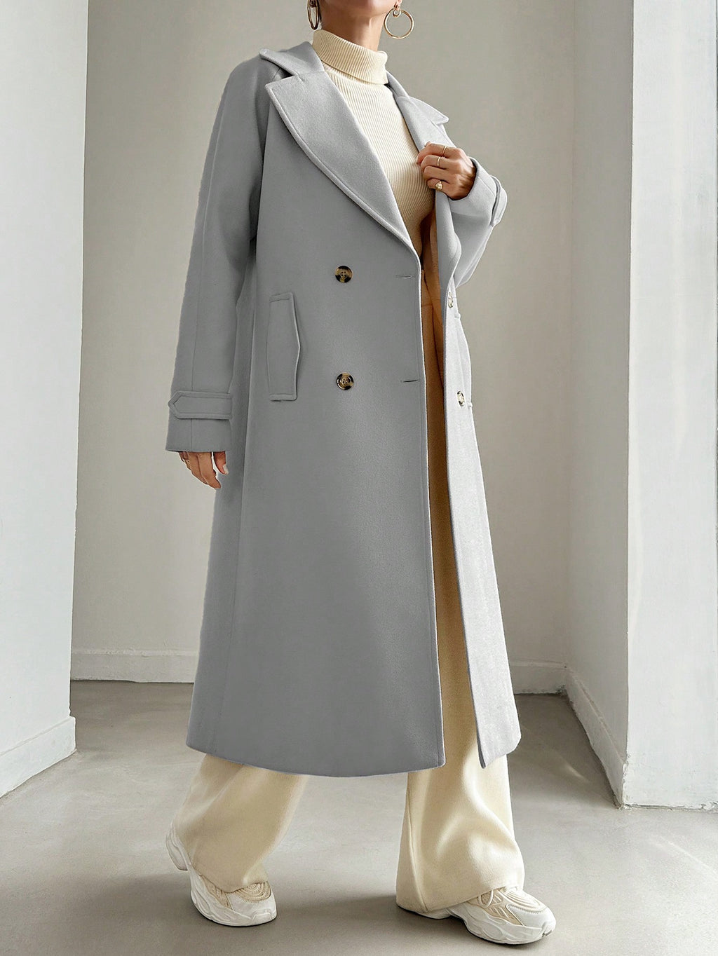 SHEIN Manteau En Laine Double Boutonnage Pour Femmes Couleur Unie Avec Col De Costume
