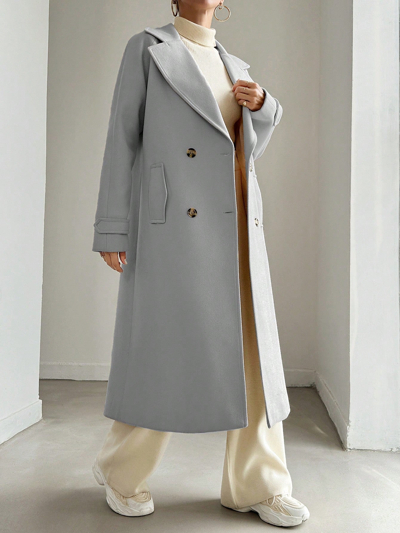 SHEIN Manteau En Laine Double Boutonnage Pour Femmes Couleur Unie Avec Col De Costume