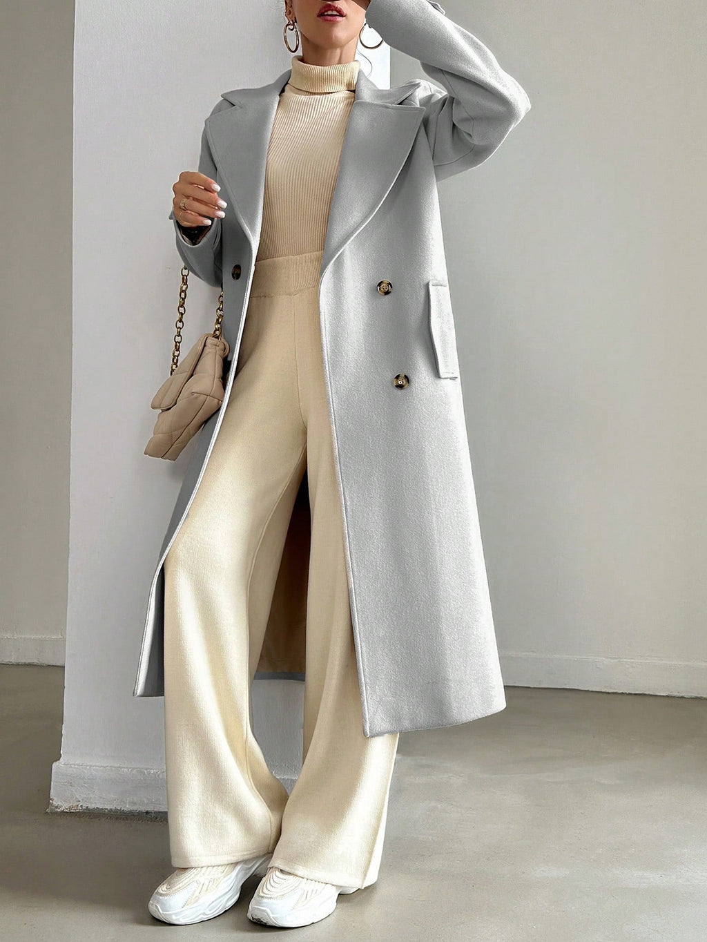 SHEIN Manteau En Laine Double Boutonnage Pour Femmes Couleur Unie Avec Col De Costume