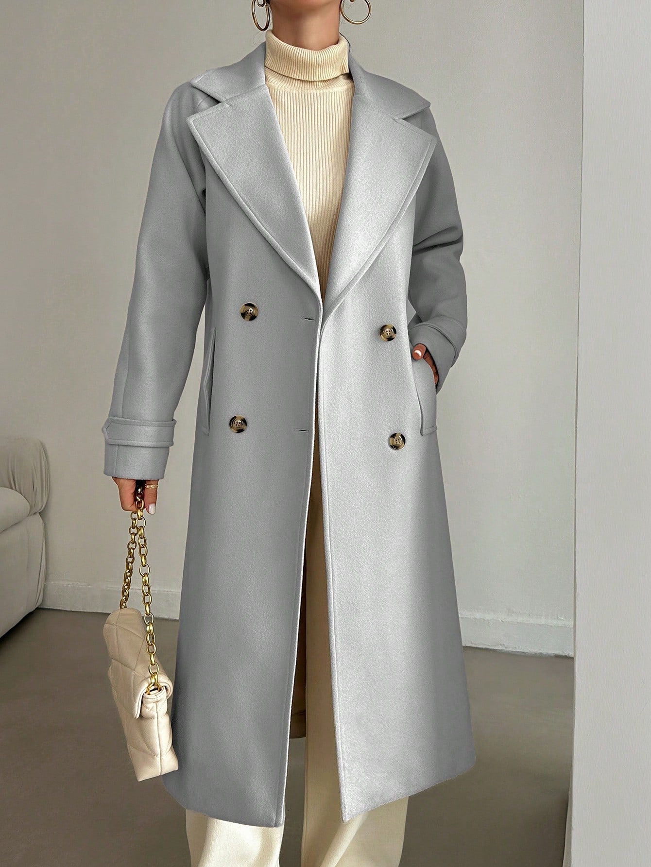 SHEIN Manteau En Laine Double Boutonnage Pour Femmes Couleur Unie Avec Col De Costume