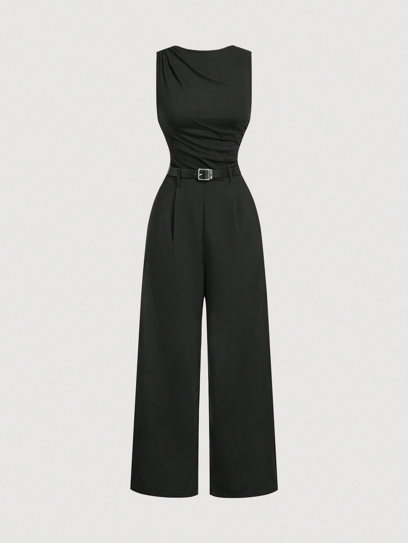 SHEIN MOD 1 pièce Combinaison ample à jambes larges et plissées noire pour femme grande taille avec ceinture, style casual, Nouvel An, Saint-Valentin
