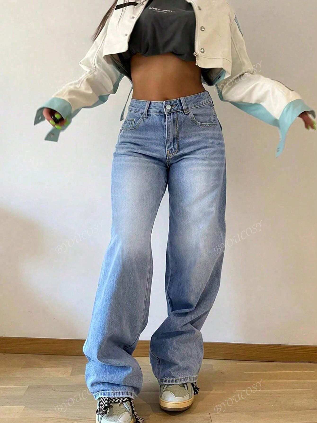 Pantalon en jean droit empilé ample rétro pour femmes