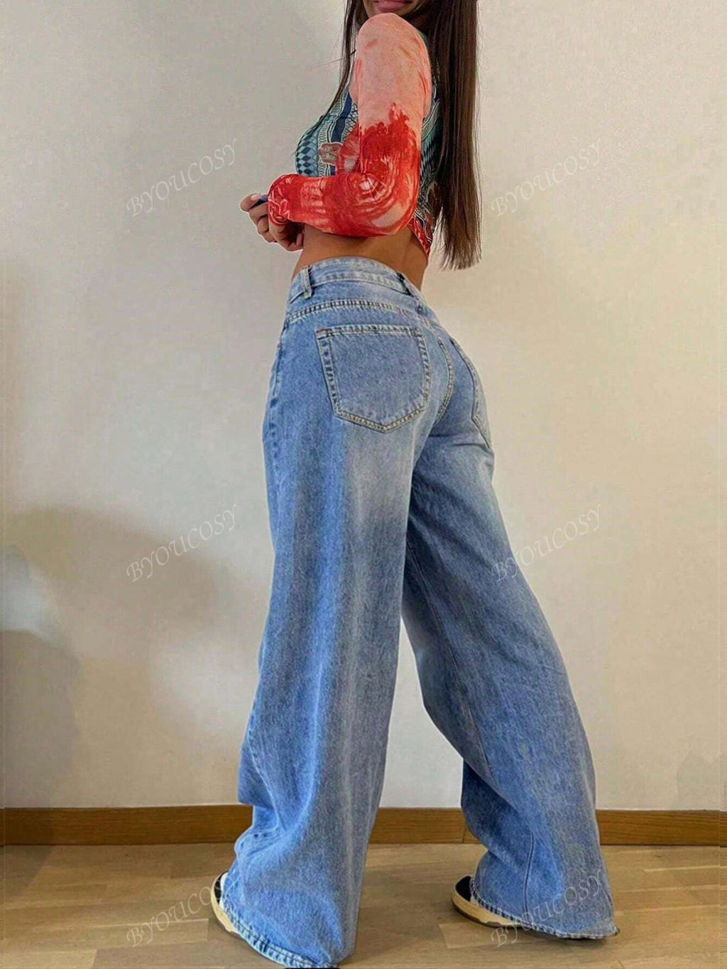 Pantalon en jean droit empilé ample rétro pour femmes