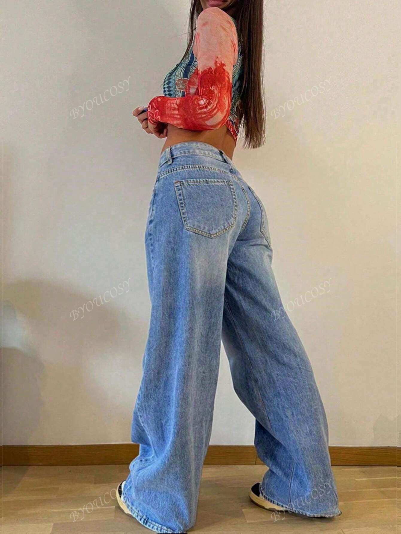 Pantalon en jean droit empilé ample rétro pour femmes