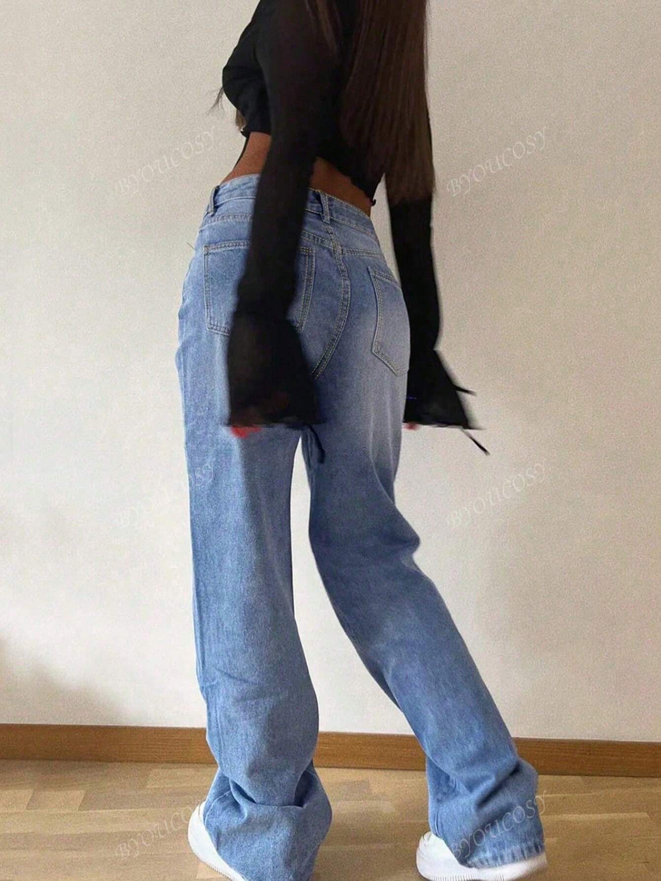 Pantalon en jean droit empilé ample rétro pour femmes