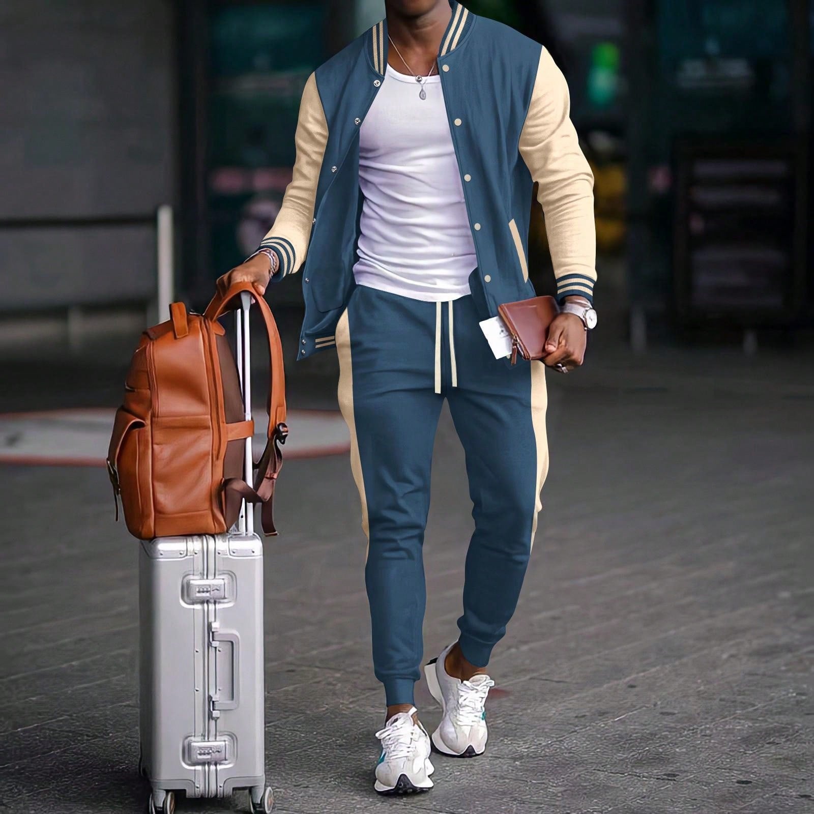 1 set Homme veste de baseball monobloc décontractée à col et pantalon, blocs de couleurs, 2 pièces, d'épaisseur moyenne, convient pour les voyages et l'usage quotidien