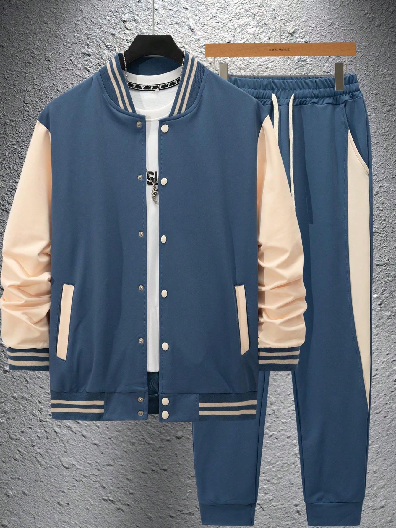 1 set Homme veste de baseball monobloc décontractée à col et pantalon, blocs de couleurs, 2 pièces, d'épaisseur moyenne, convient pour les voyages et l'usage quotidien