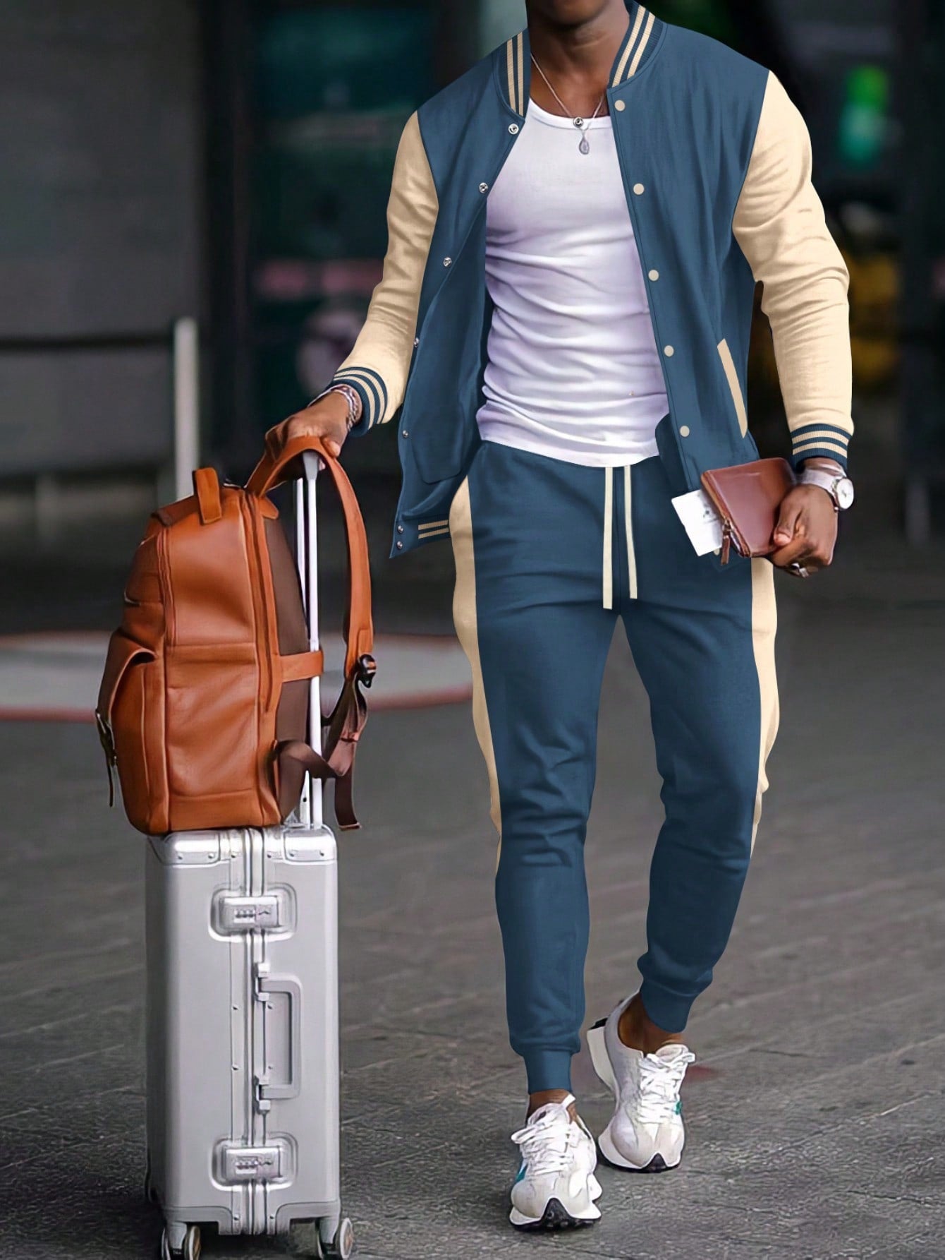 1 set Homme veste de baseball monobloc décontractée à col et pantalon, blocs de couleurs, 2 pièces, d'épaisseur moyenne, convient pour les voyages et l'usage quotidien