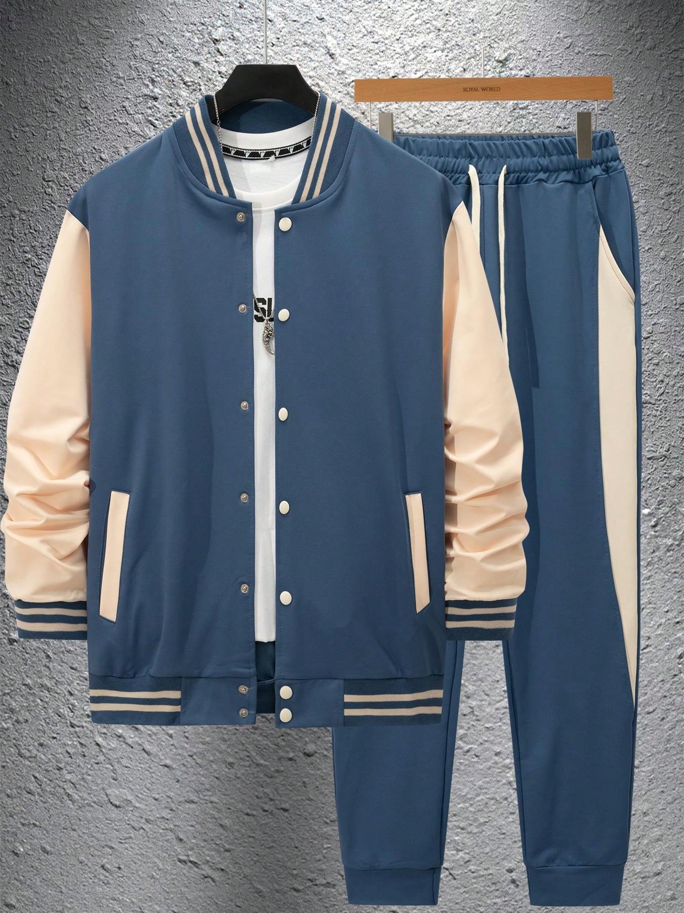 1 set Homme veste de baseball monobloc décontractée à col et pantalon, blocs de couleurs, 2 pièces, d'épaisseur moyenne, convient pour les voyages et l'usage quotidien