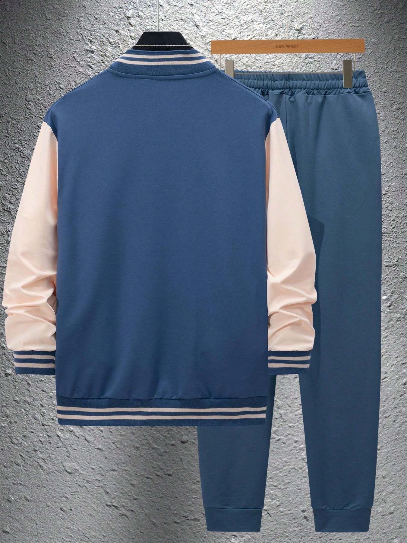 1 set Homme veste de baseball monobloc décontractée à col et pantalon, blocs de couleurs, 2 pièces, d'épaisseur moyenne, convient pour les voyages et l'usage quotidien