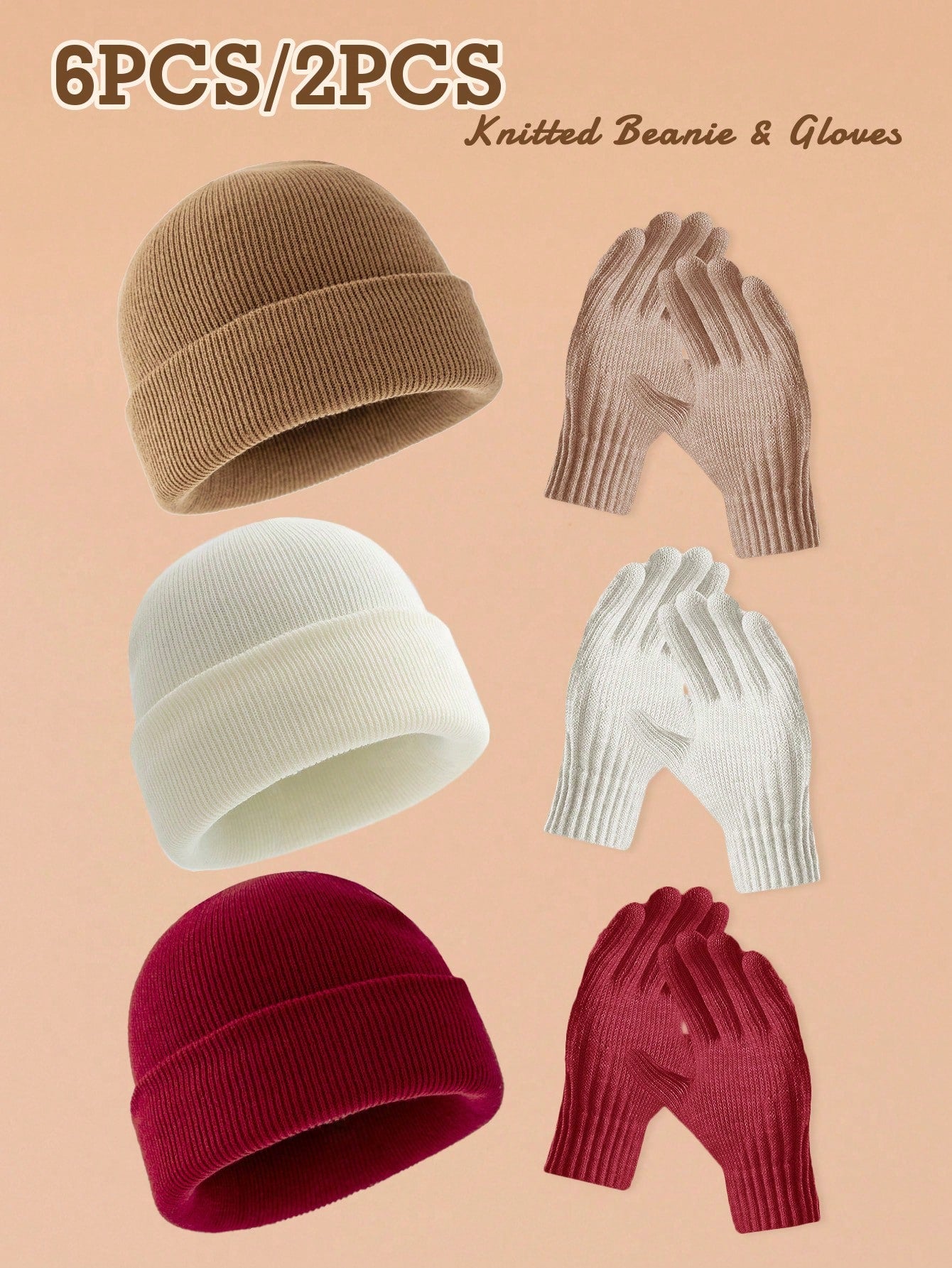 6 pièces/2 pièces Ensemble bonnet tricoté et gants de couleur unie, convient aux hommes et aux femmes pour une chaleur quotidienne, un style de rue extérieur, parfait comme cadeau d'anniversaire ou de Noël