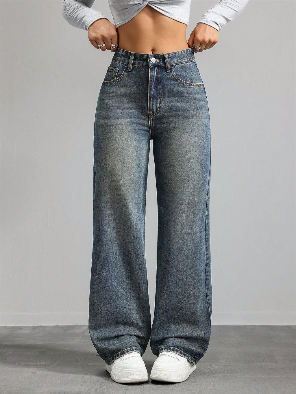 SHEIN x Lina SHEIN ICON Jeans droits taille mi-haute lavés décontractés de style rétro