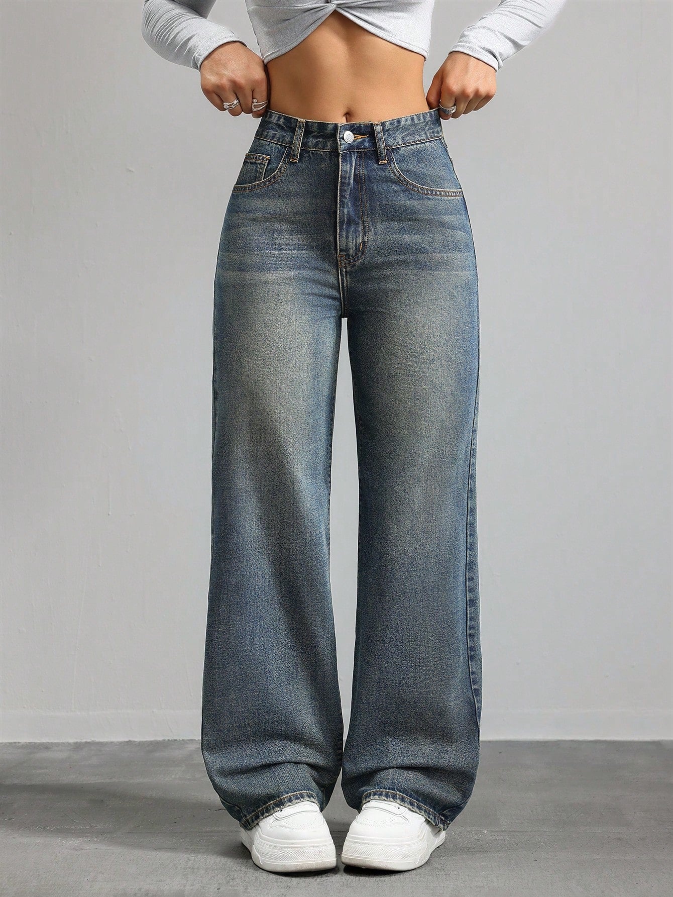 SHEIN x Lina SHEIN ICON Jeans droits taille mi-haute lavés décontractés de style rétro