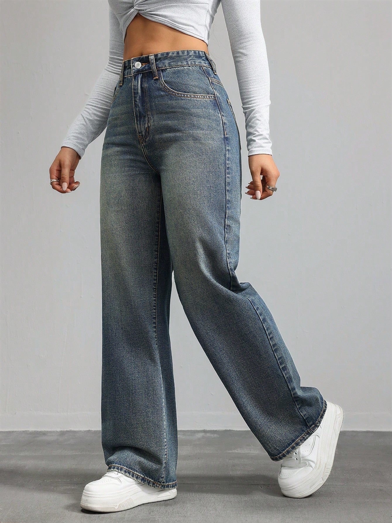 SHEIN x Lina SHEIN ICON Jeans droits taille mi-haute lavés décontractés de style rétro