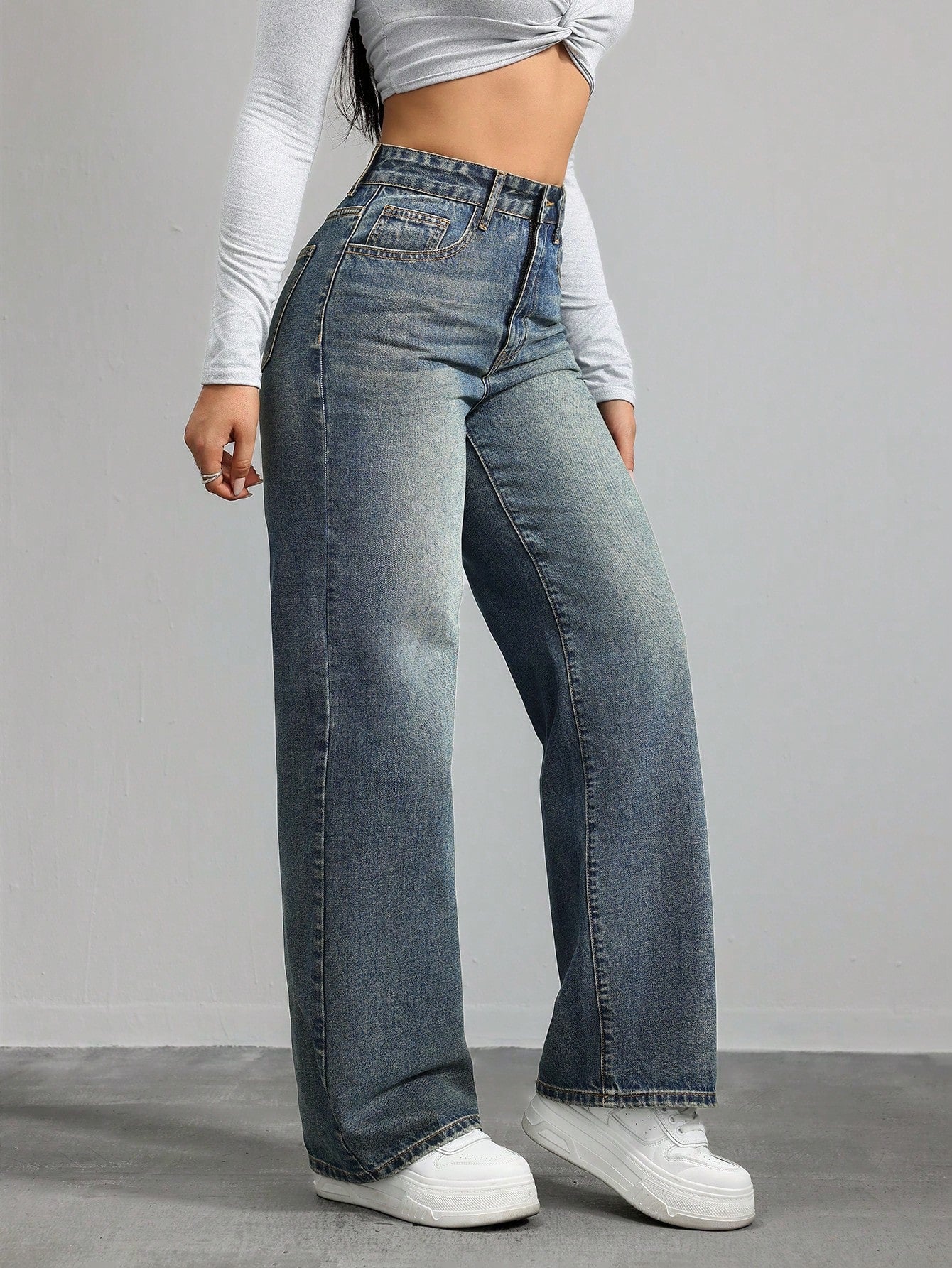 SHEIN x Lina SHEIN ICON Jeans droits taille mi-haute lavés décontractés de style rétro