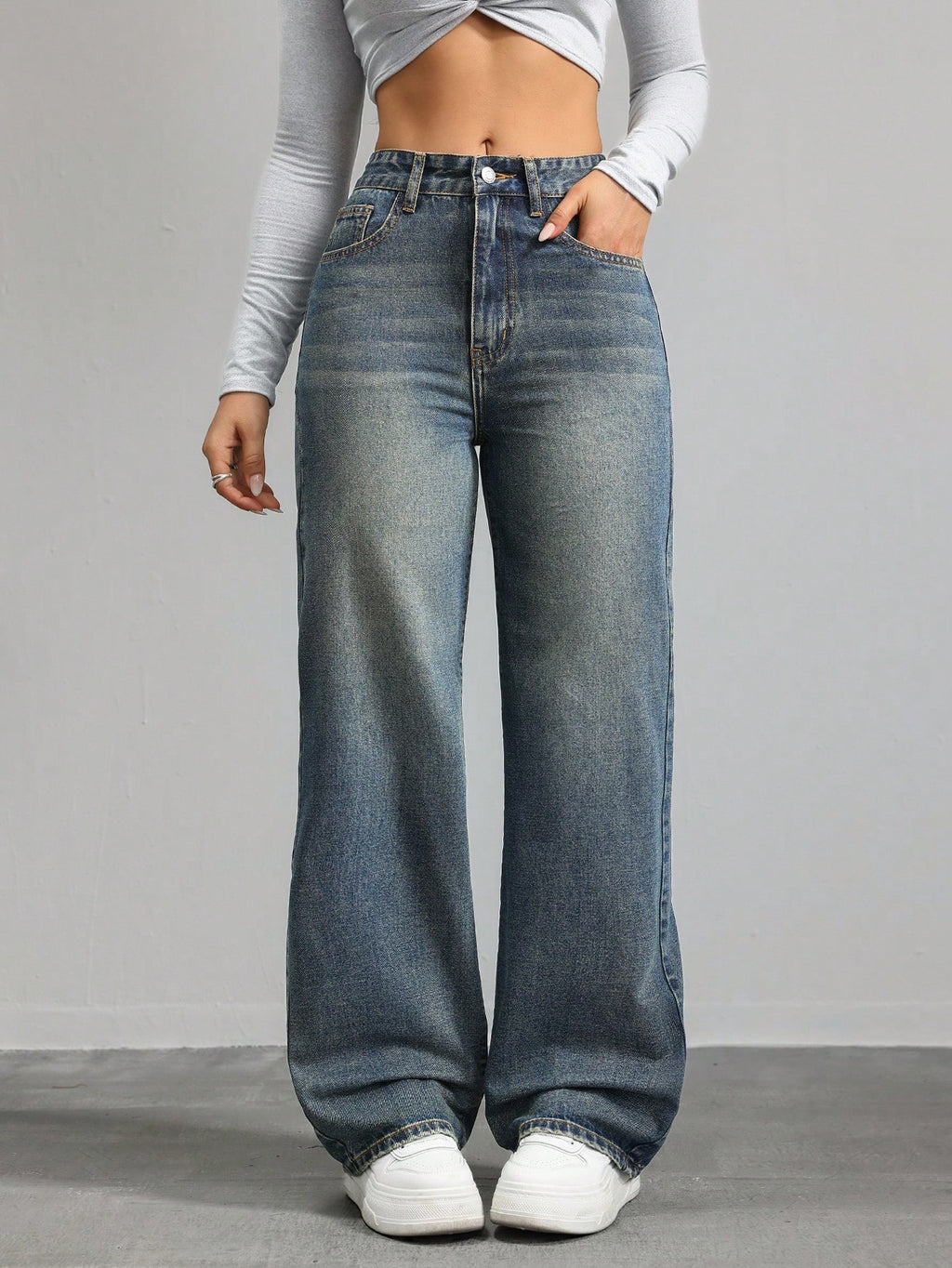 SHEIN x Lina SHEIN ICON Jeans droits taille mi-haute lavés décontractés de style rétro