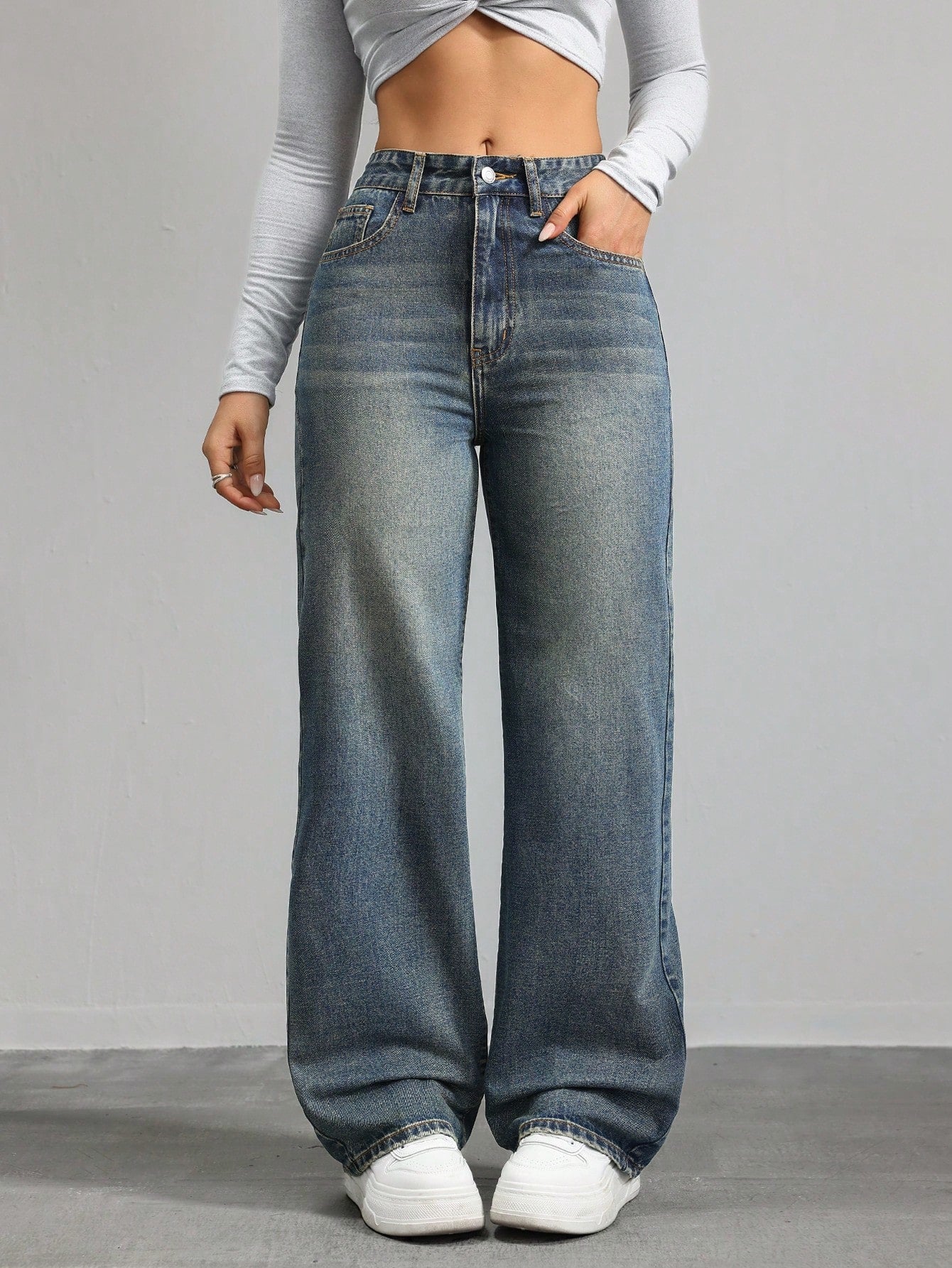 SHEIN x Lina SHEIN ICON Jeans droits taille mi-haute lavés décontractés de style rétro