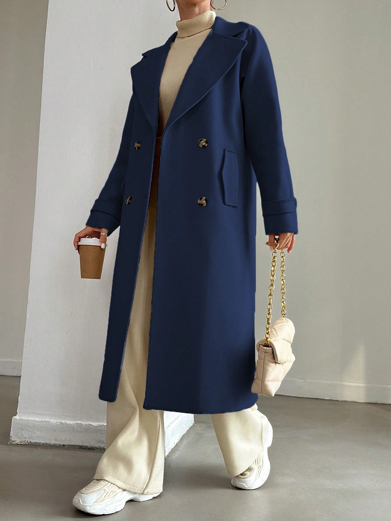 SHEIN Manteau En Laine Double Boutonnage Pour Femmes Couleur Unie Avec Col De Costume