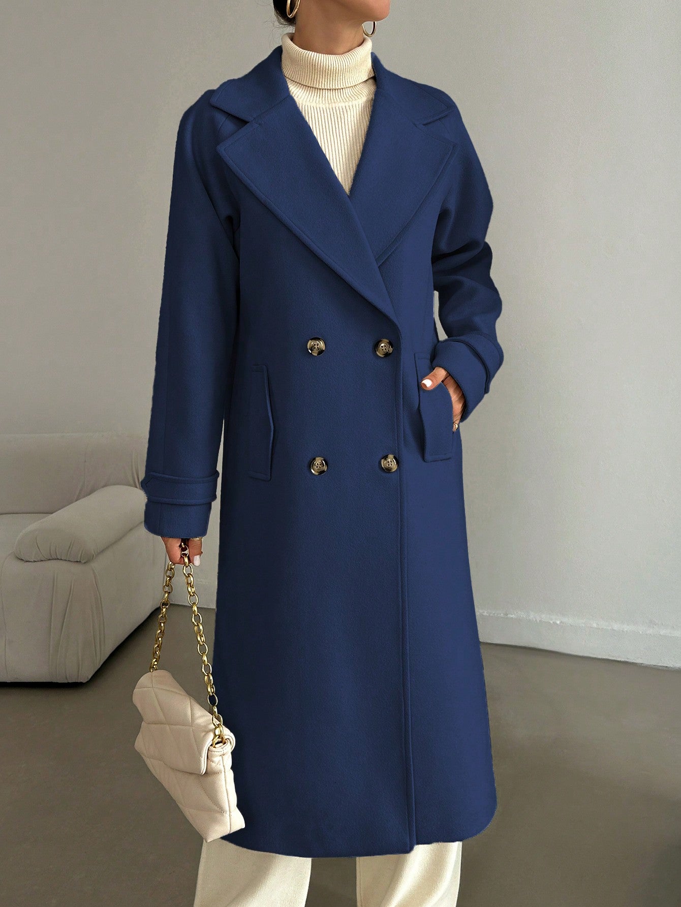 SHEIN Manteau En Laine Double Boutonnage Pour Femmes Couleur Unie Avec Col De Costume