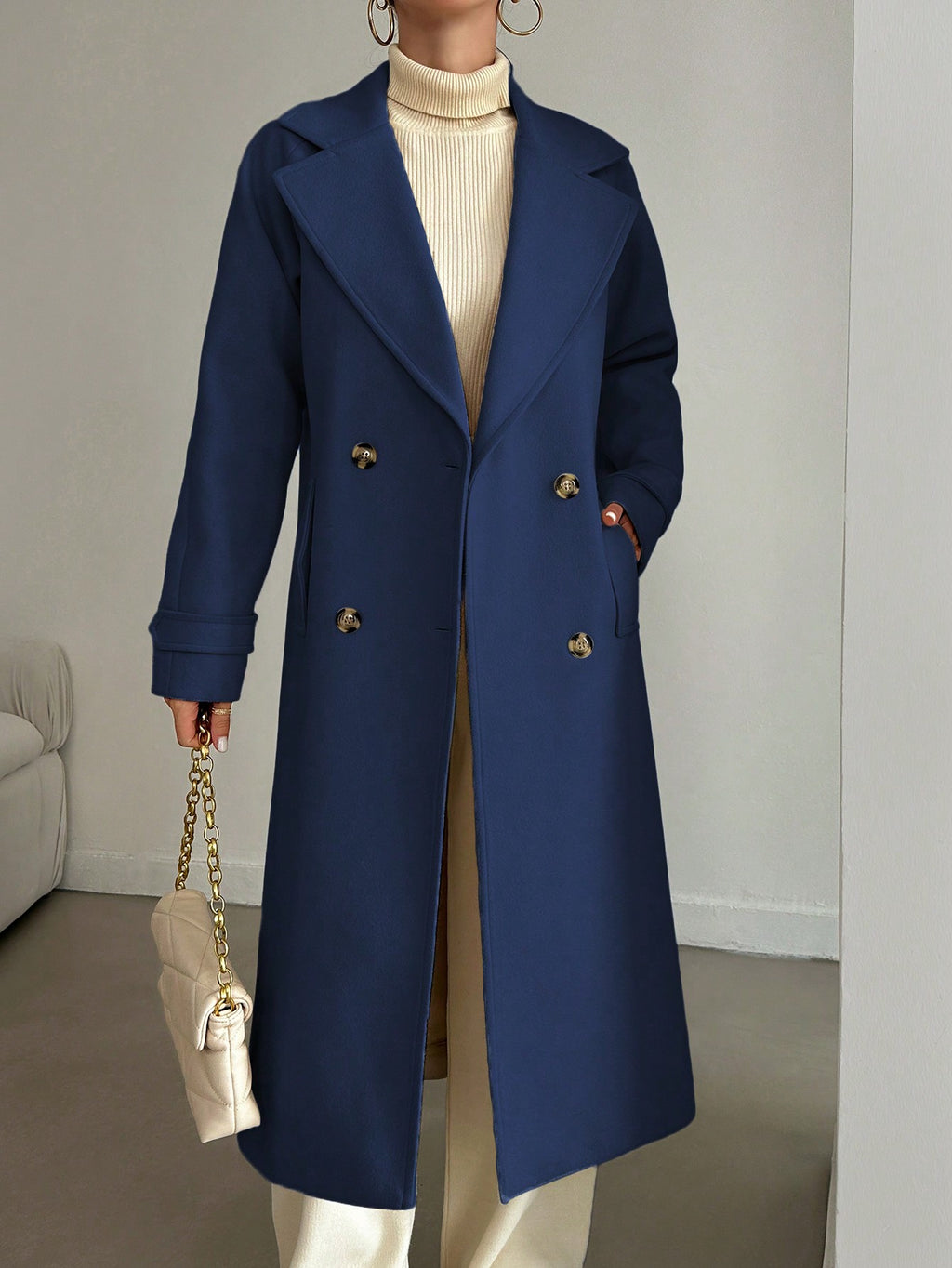 SHEIN Manteau En Laine Double Boutonnage Pour Femmes Couleur Unie Avec Col De Costume