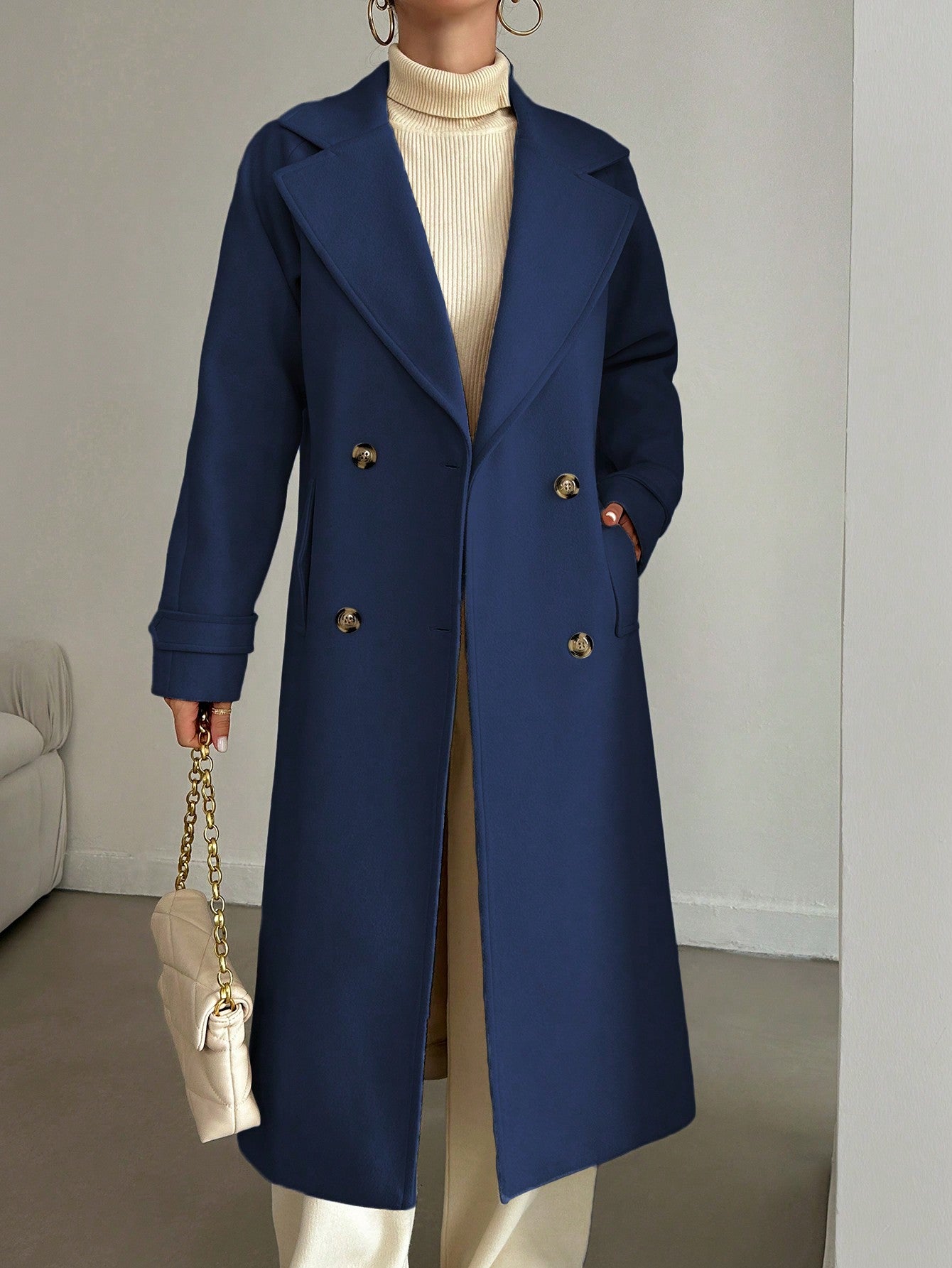 SHEIN Manteau En Laine Double Boutonnage Pour Femmes Couleur Unie Avec Col De Costume